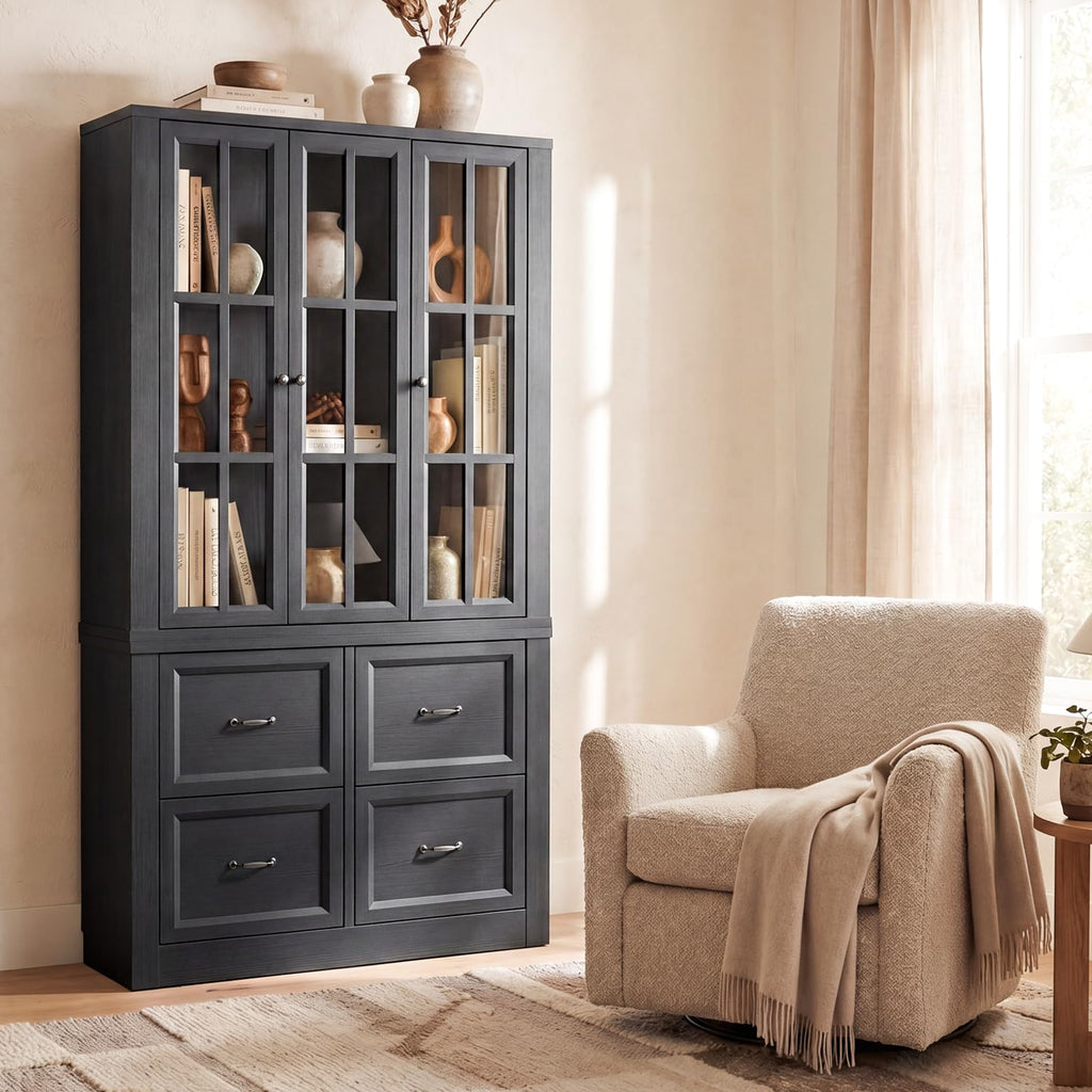 80" Tall Storage Cabinet with Glass Doors, 2-in-1 Modular Bookcase Cabinet, Freestanding Kitchen Pantry Storage Cabinet & Bookshelf for Living Room, Kitchen, Bathroom (4, Cracked Oak, AD)