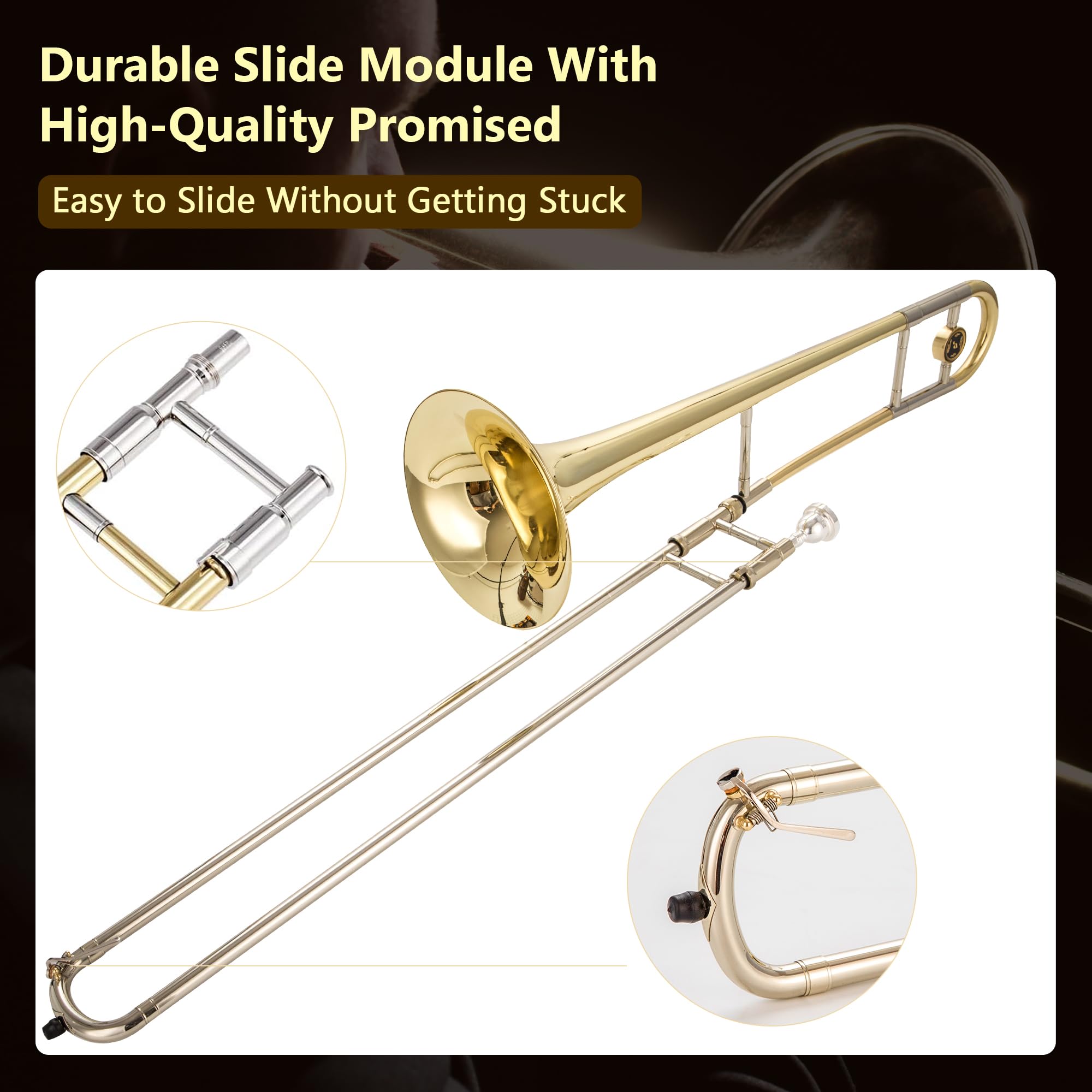 Eavnbaek Bb Tenor Slide Trombone for Students Beginners, B Flat Brass Plated Trombone Instrument with Hard Case Mouthpiece White Gloves and Cleaning Kit (Gold)