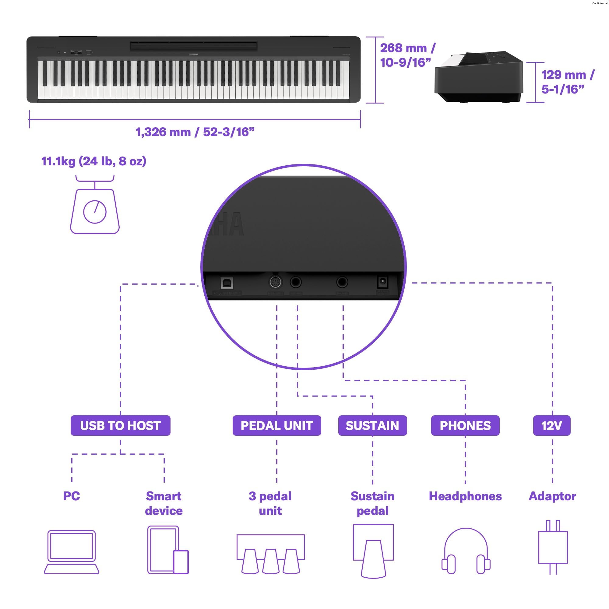Yamaha P225 88-Key Digital Piano with Weighted Keys, Portable Design, Keyboard, Music Rest, Sustain Foot Switch, and Built-In Speakers, Black (P225B)