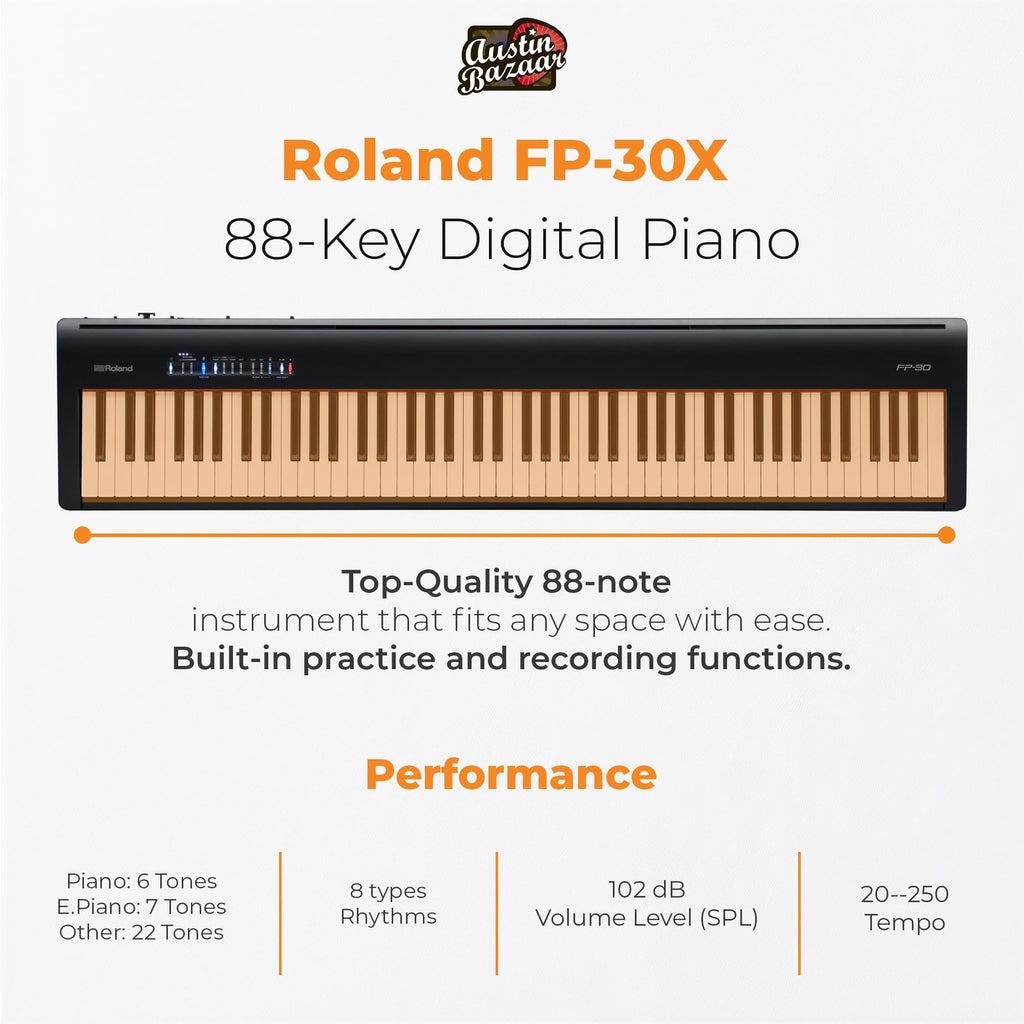 Roland FP-30X 88-Key Digital Piano - Black Bundle with Adjustable Stand, Bench, Sustain Pedal, Online Piano Lessons, Instructional DVD, and Austin Bazaar Polishing Cloth