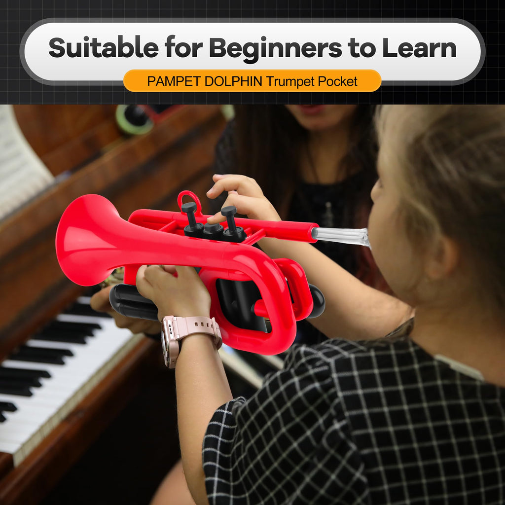 PAMPET DOLPHIN Pocket Trumpet Plastic Bb Trumpet Standard Trumpets for Student Beginner Bb Trumpets Instrument (Black)