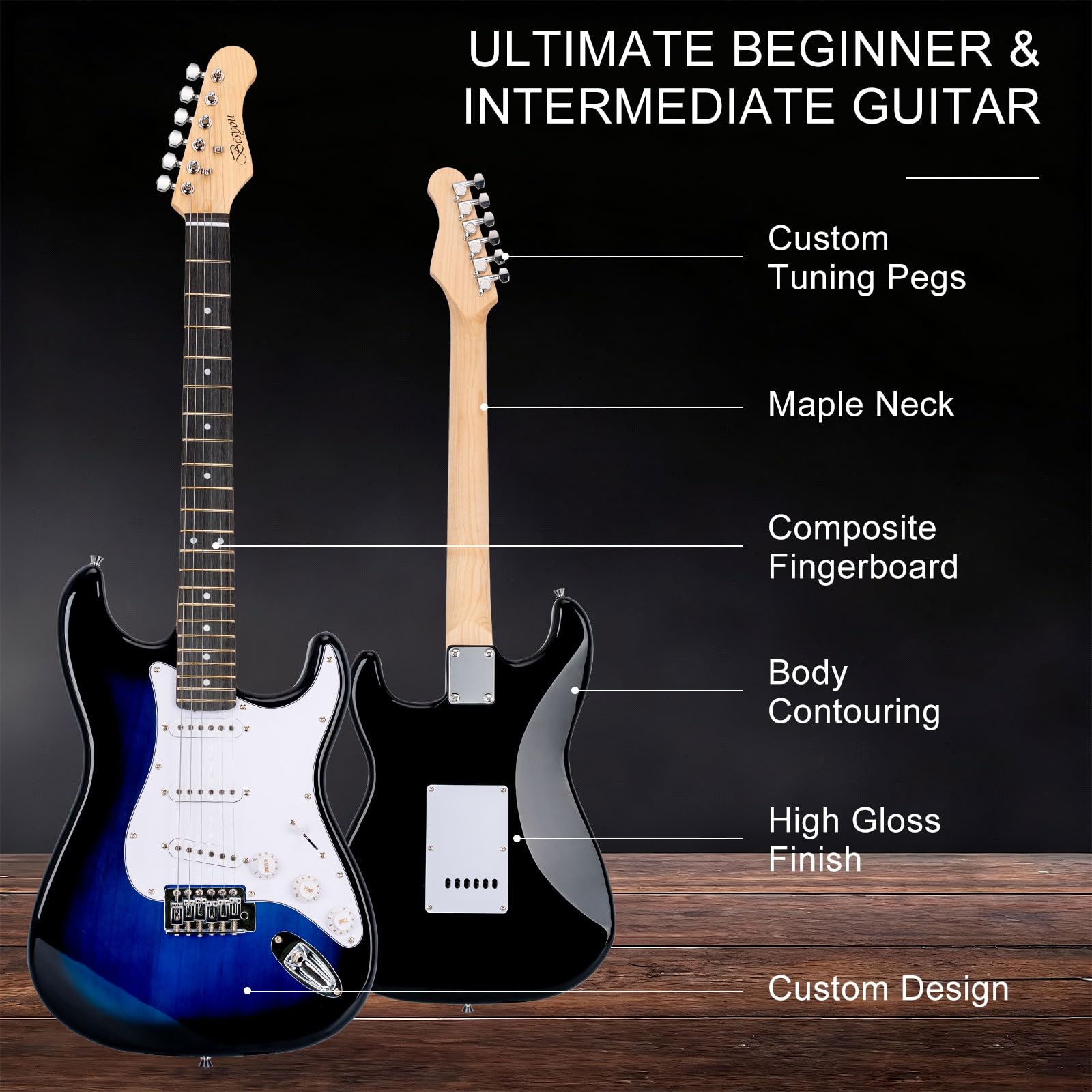 39 Inches Full Size Electric Guitar Beginner Electric Guitar Kits with 10W Amp Classic SSS Pickup Complete with Gig Bag Tuner Capo Strap Picks Guitar String Winders Black