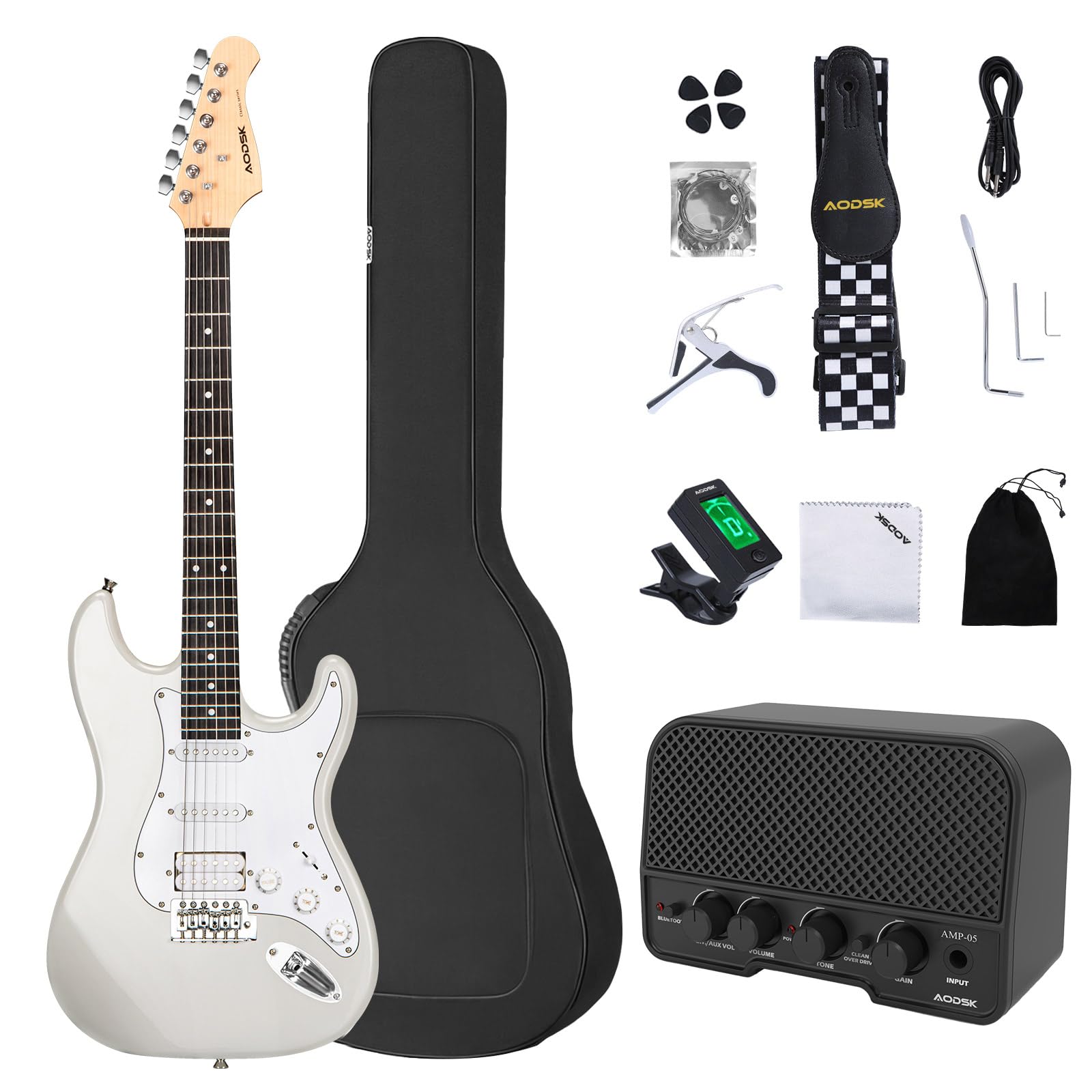 AODSK Electric Guitar with Amp Beginner Kit 39 Inch Solid Body Full Size,All Accessories,Digital Tuner,Six Strings,Four Picks,Tremolo Bar,Strap,Gig Bag,Starter kit (Blue-HSS)