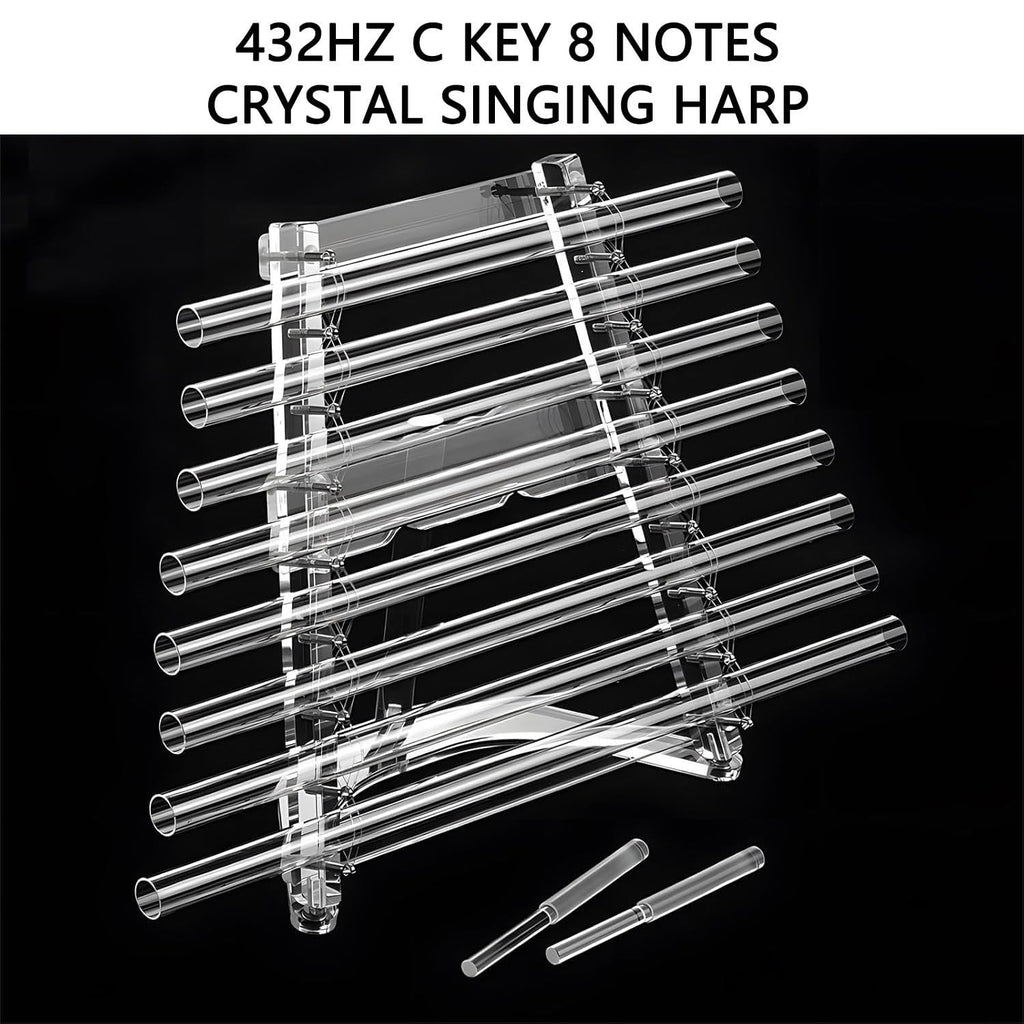 Quartz Crystal Harp for Sound Therapy, 432Hz/440Hz 8 Note CDEFGABC Quartz Crystal Singing Harp, Includes 8 Notes and Alumina Alloy Case, for Sound Baths and Meditation A-440hz