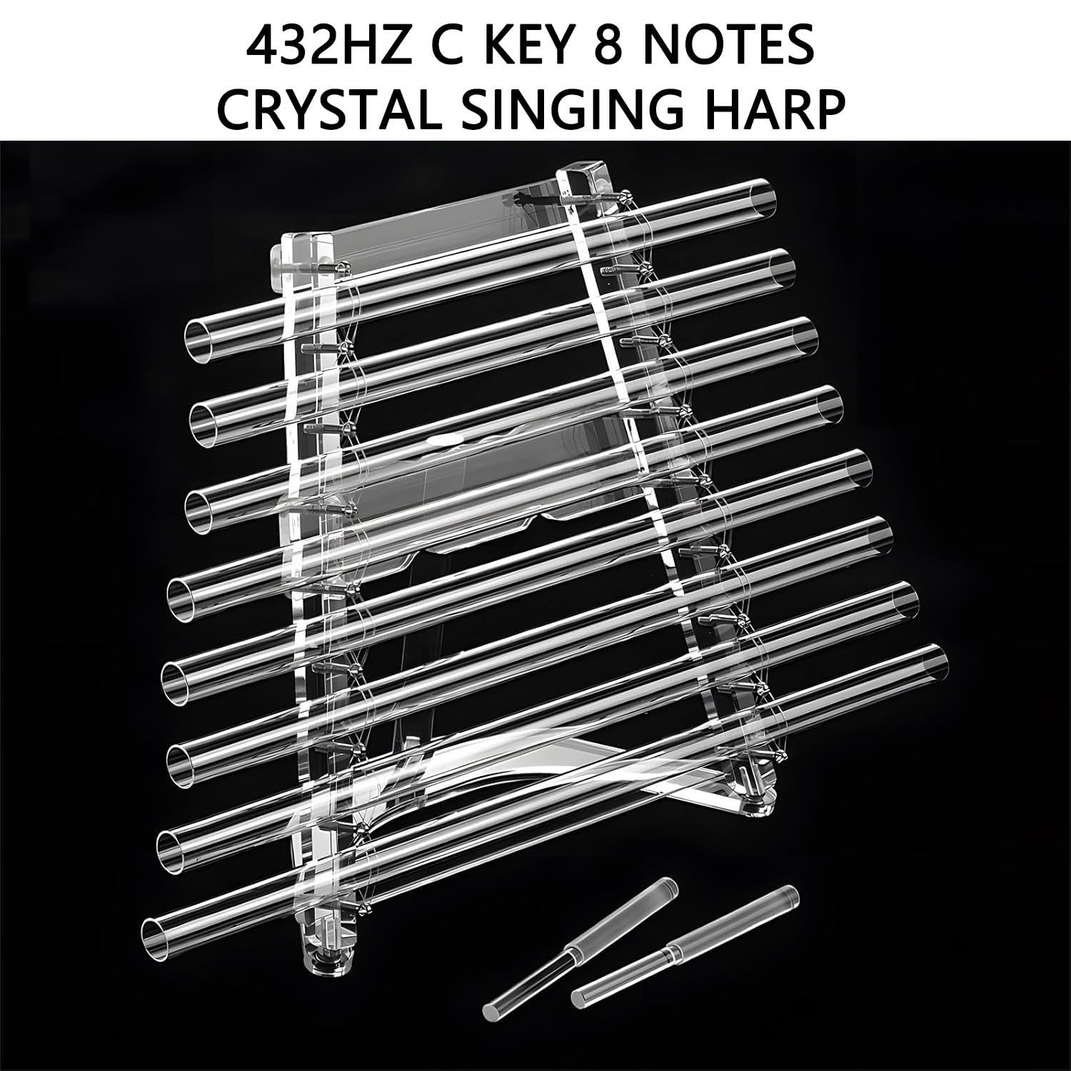 Quartz Crystal Harp for Sound Therapy, 432Hz/440Hz 8 Note CDEFGABC Quartz Crystal Singing Harp, Includes 8 Notes and Alumina Alloy Case, for Sound Baths and Meditation A-440hz