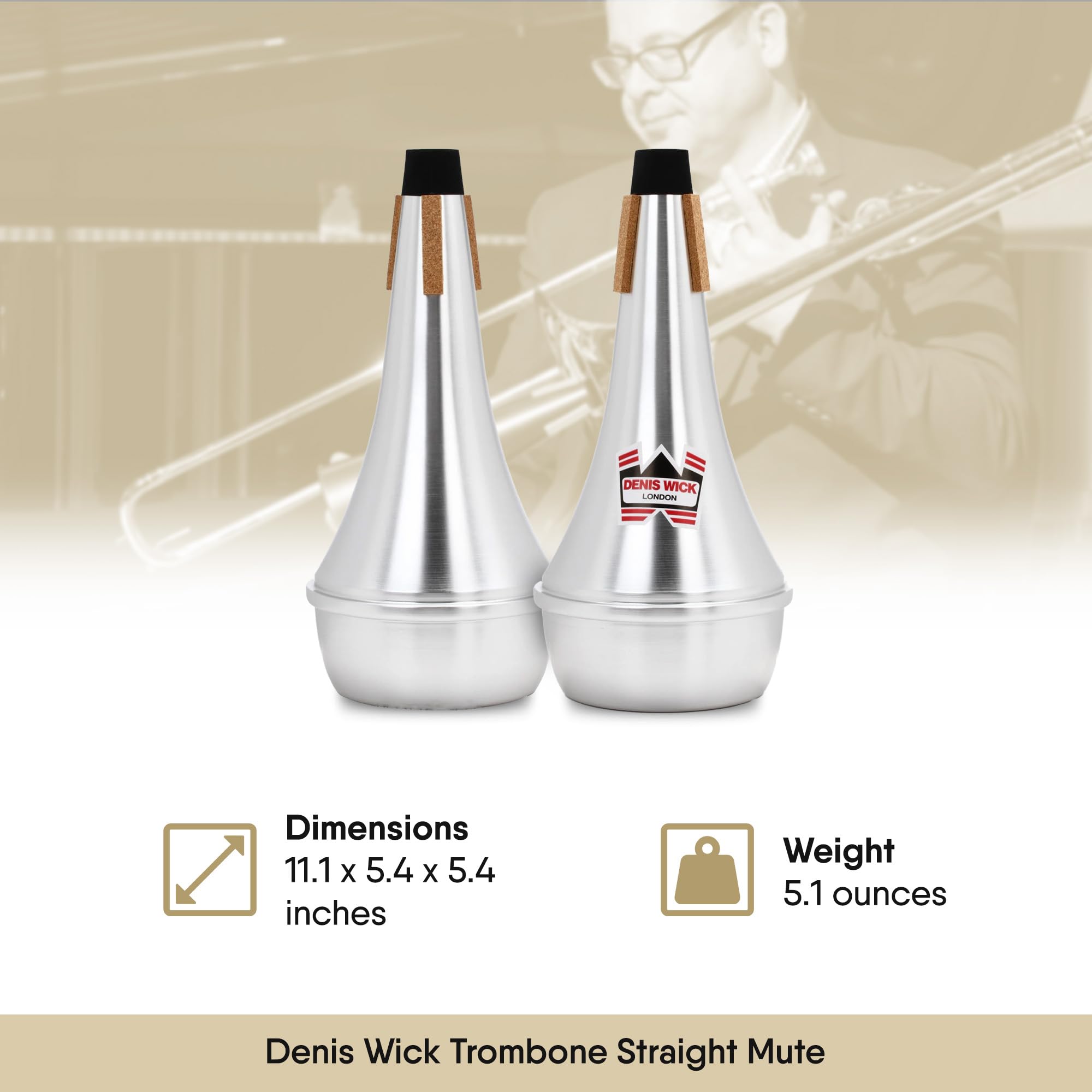 Denis Wick Trombone Straight Mute - Aluminum Mute for Trombone - Accessories for Brass Instruments - Low Tone Register - 3.9 x 6.3 x 1.6 inches