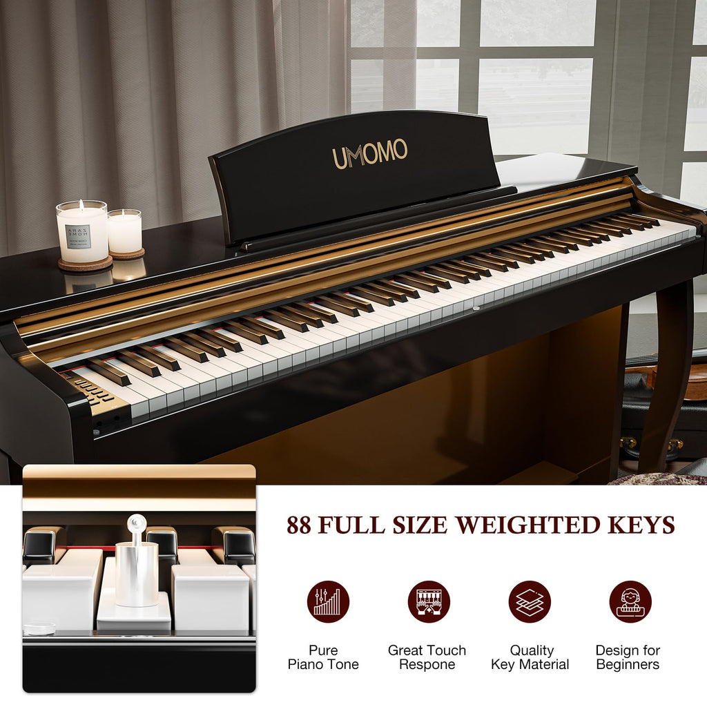 UMOMO 88- Key Weighted Hammer Action Digital Piano with Adjustable Light, Full-Size Electric Keyboard with Triple Pedals, Realistic Touch for Beginners & Intermediate Players Glossy Black