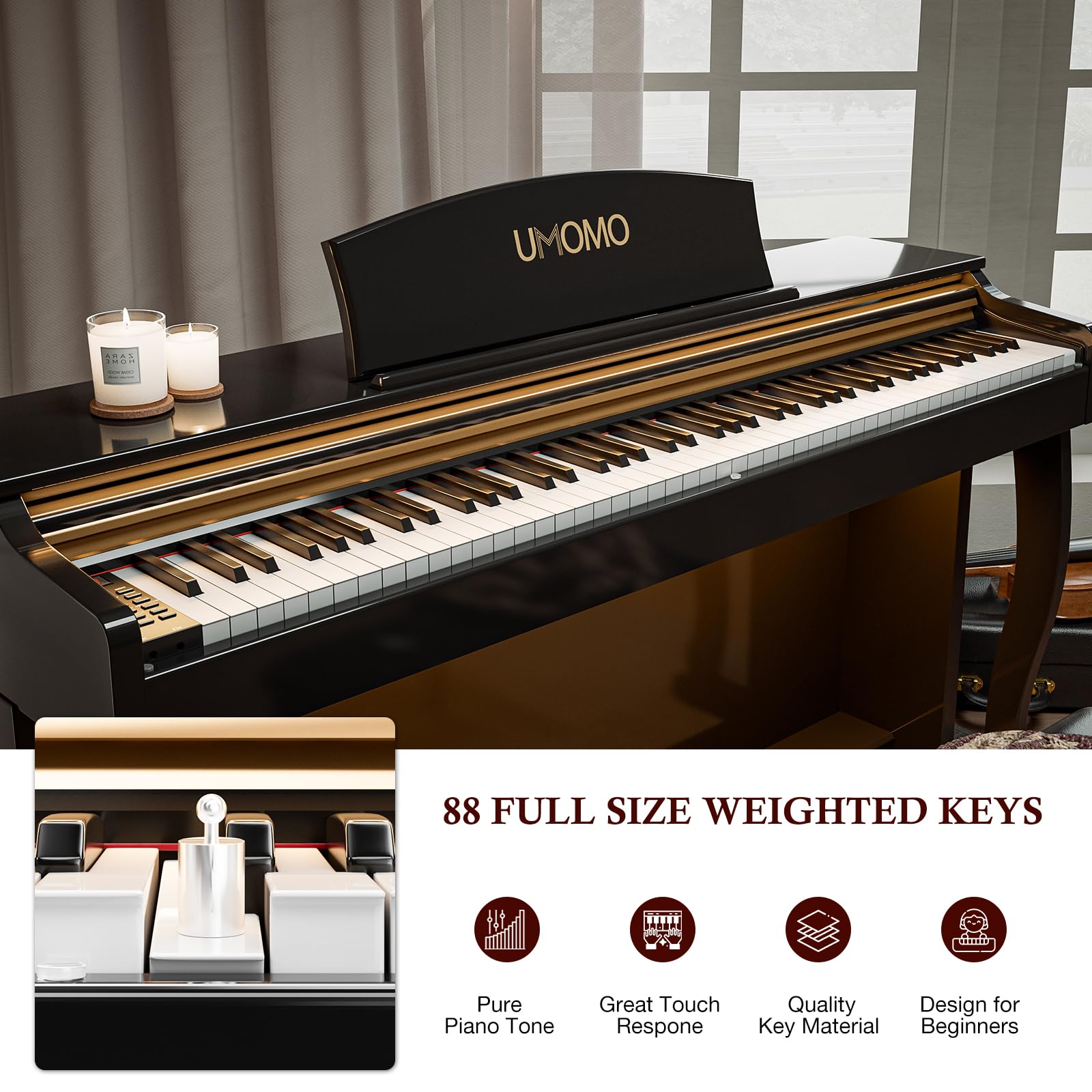 UMOMO 88- Key Weighted Hammer Action Digital Piano with Adjustable Light, Full-Size Electric Keyboard with Triple Pedals, Realistic Touch for Beginners & Intermediate Players Glossy Black