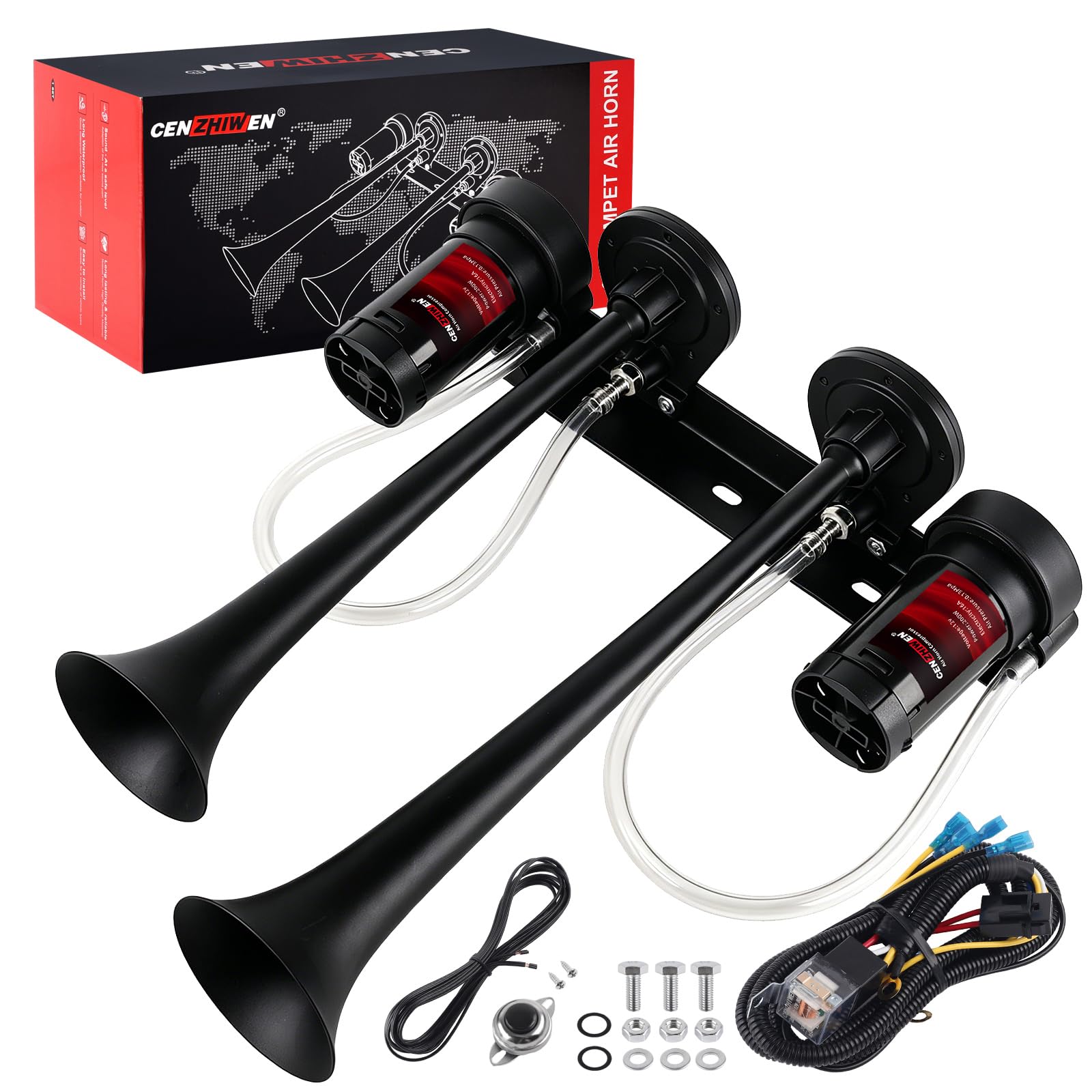 Dual 2-Trumpet Metal Air Horn for truck Kit with 2 air Compressors,12V 150dB Ultra Loud impact train car horn moto horn is suitable for pickup/SUV/Boat (Two-tube integrated)