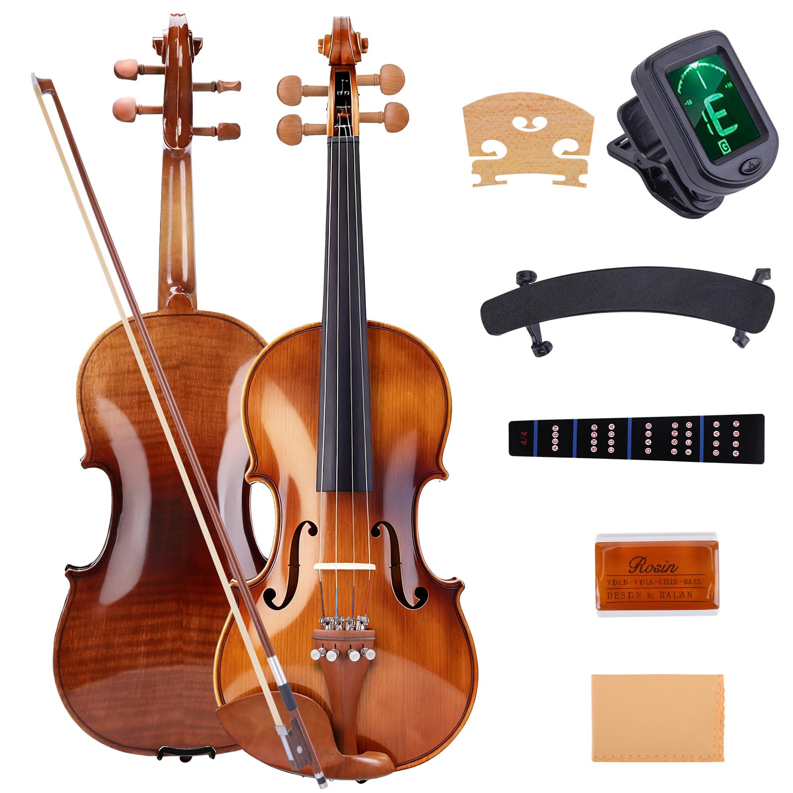 Allset Violin Fiddle Set: 4/4 Polished Violin Kit for Beginners, Acoustic Violin with Hard Case, Solidwood Handmade Starter Kit with Bow, Rosin, Shoulder Rest, Tuner, Strings-Burgundy (yellow, Full)