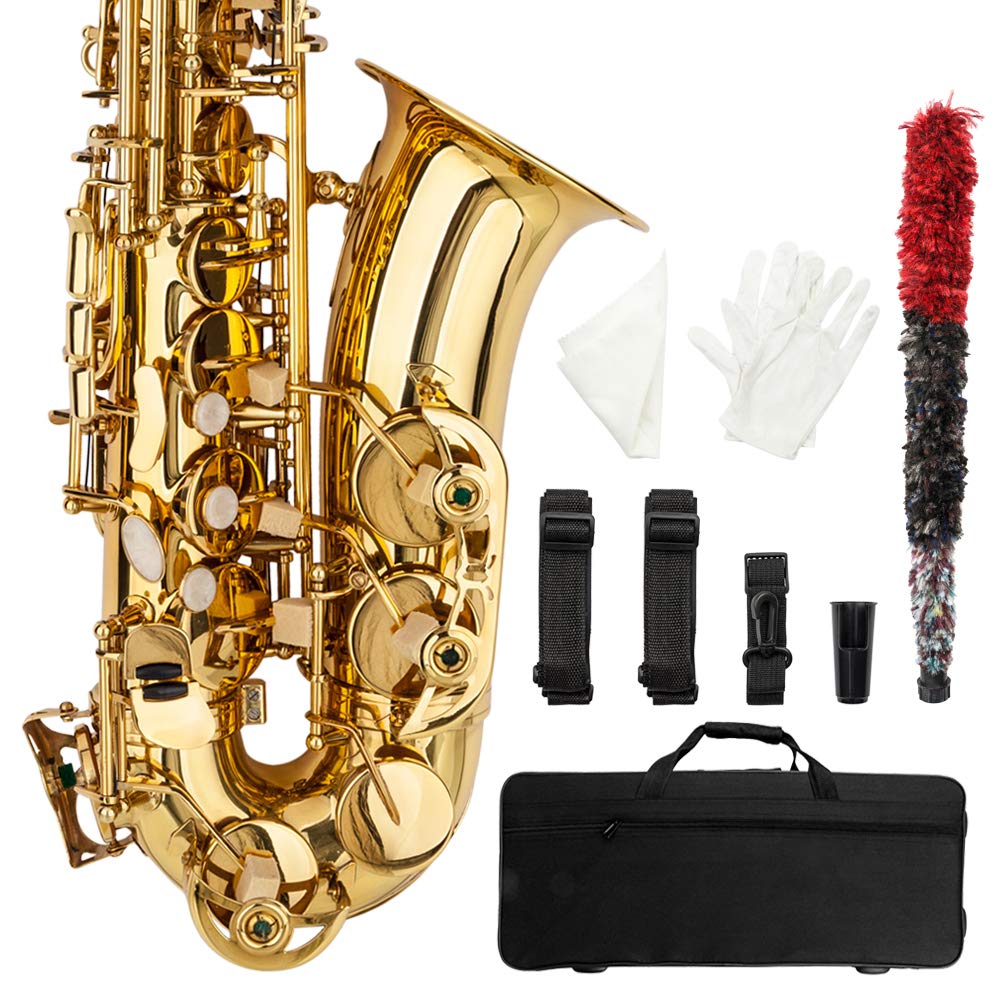 Ktaxon Alto Saxophone Drop E Brass Sax Full Kit for Student Beginners with Carving, Mouthpiece, Carrying Case, Gloves, Cleaning Cloth Bar, Detachable Strap, Shoulder Strap, Reed