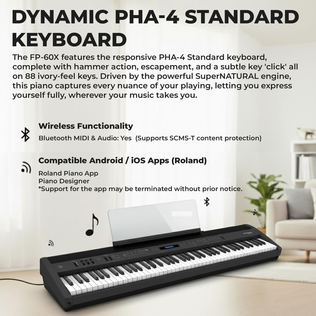 Roland FP-60X 88-Key Digital Piano - White Bundle with Adjustable Stand, Bench, Deluxe Sustain Pedal, Online Piano Lessons, Instructional DVD, and Austin Bazaar Polishing Cloth