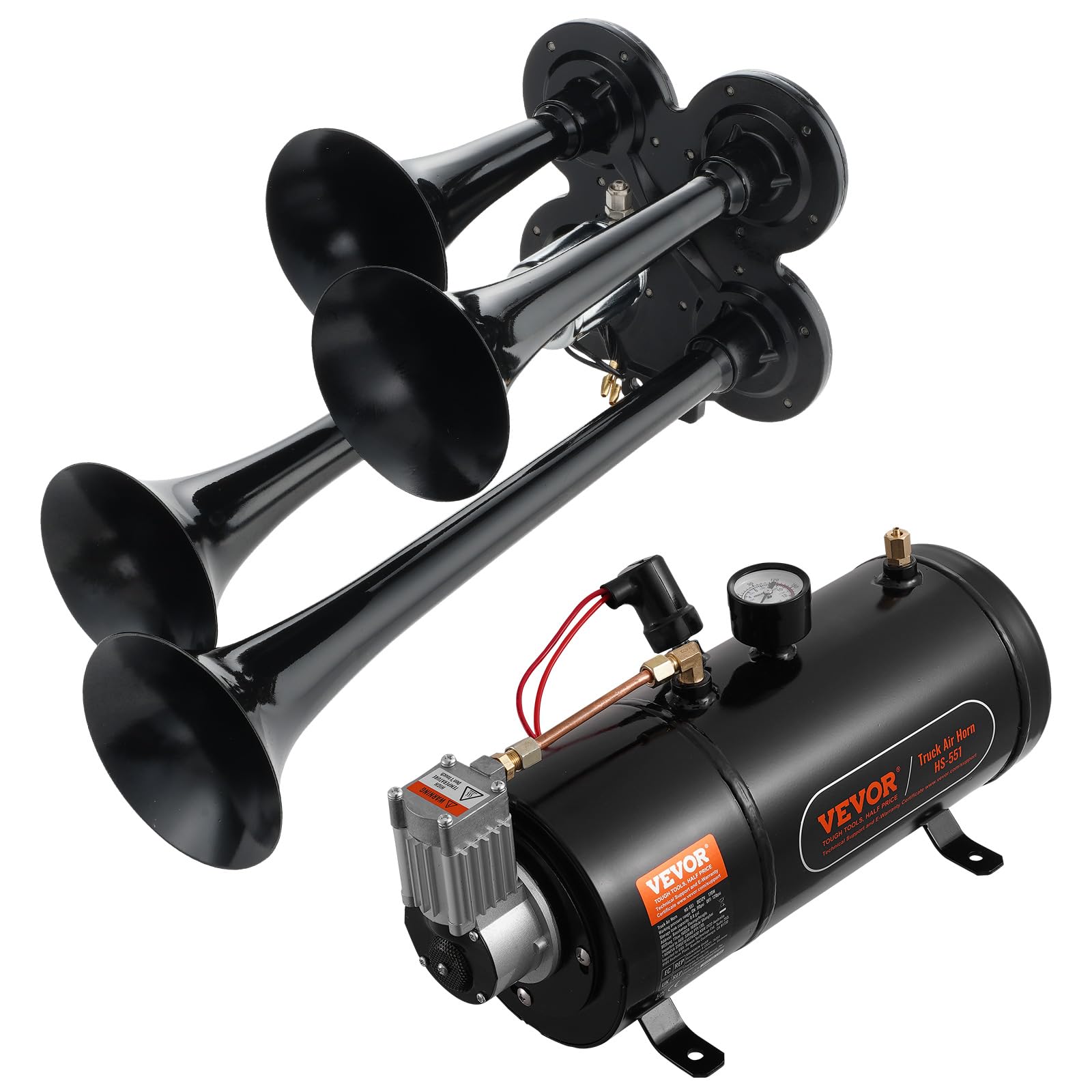 VEVOR 4 Trumpet Air Horn Kit, 150dB Train Horns for Pickup Trucks, 12V 120 psi Air Compressor 0.8 Gal/3 L Tank with Gauge for Any 12V Vehicle Car Truck Train Van Boat