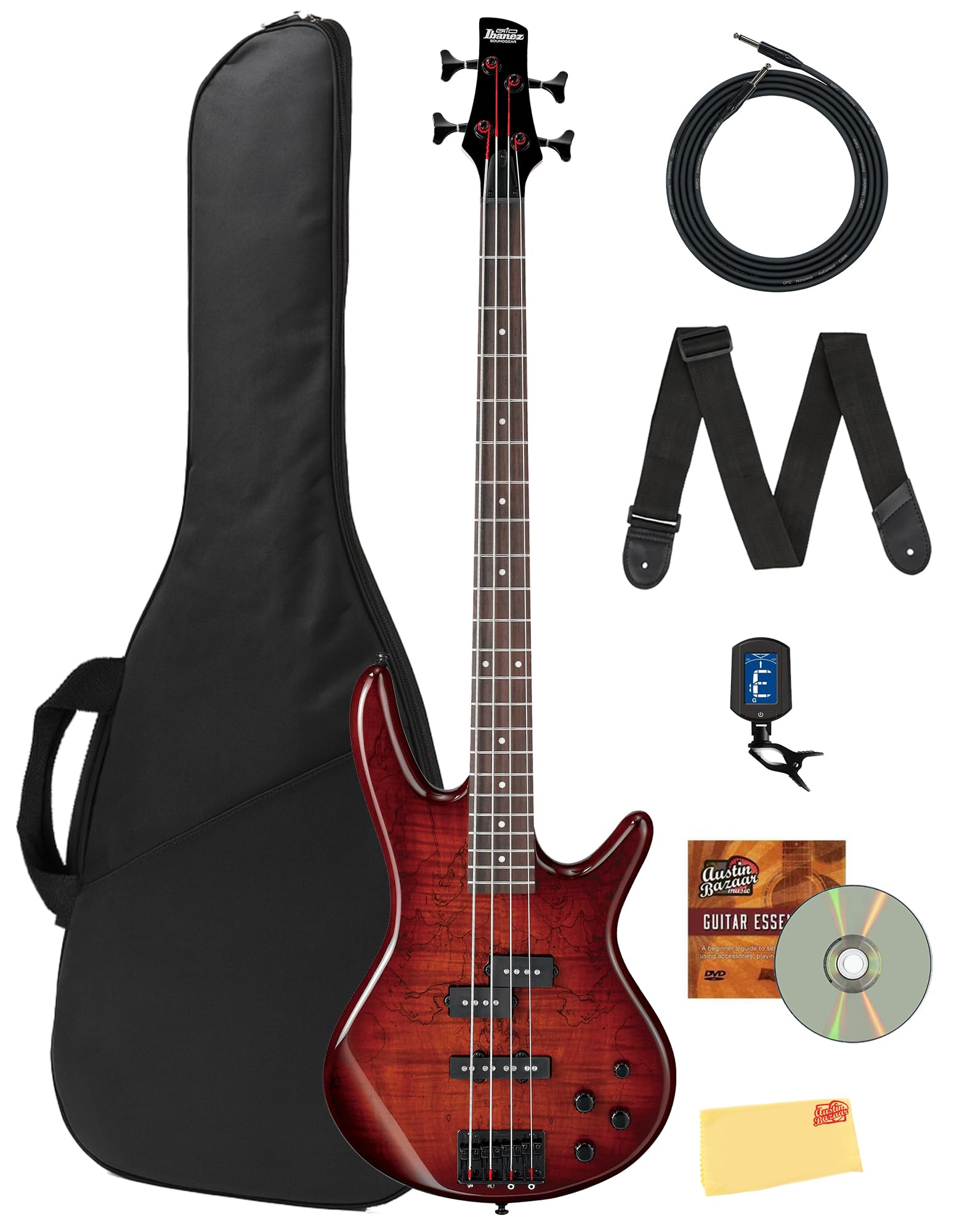 Ibanez GSR205B SR Gio 5-String Bass Guitar - Walnut Flat Bundle with Gig Bag, Tuner, Strap, Cable, Austin Bazaar Instructional DVD, and Polishing Cloth