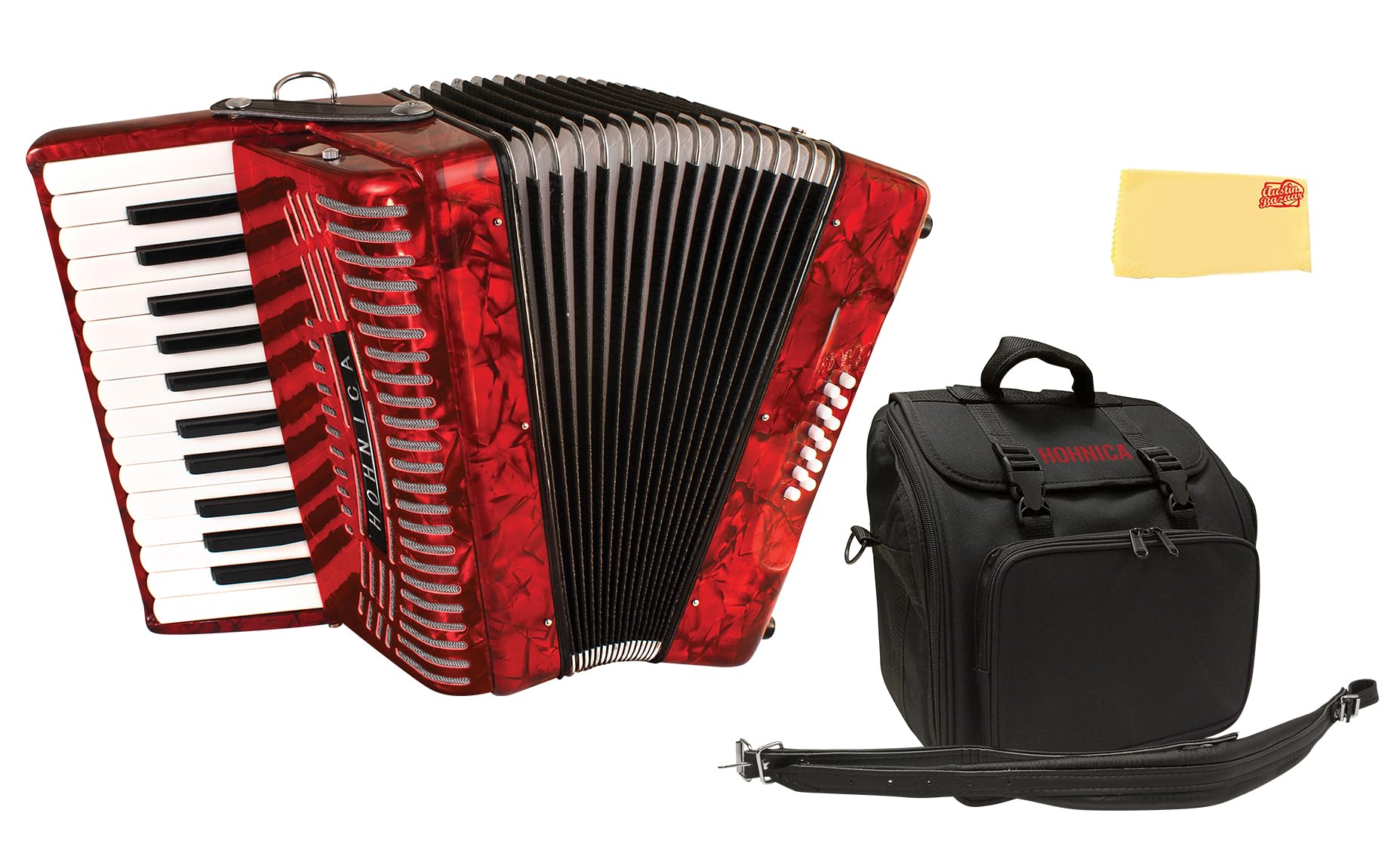 Hohner Hohnica 1305 72 Bass Piano Accordion - Pearl Red Bundle with Gig Bag, Straps, and Austin Bazaar Polishing Cloth