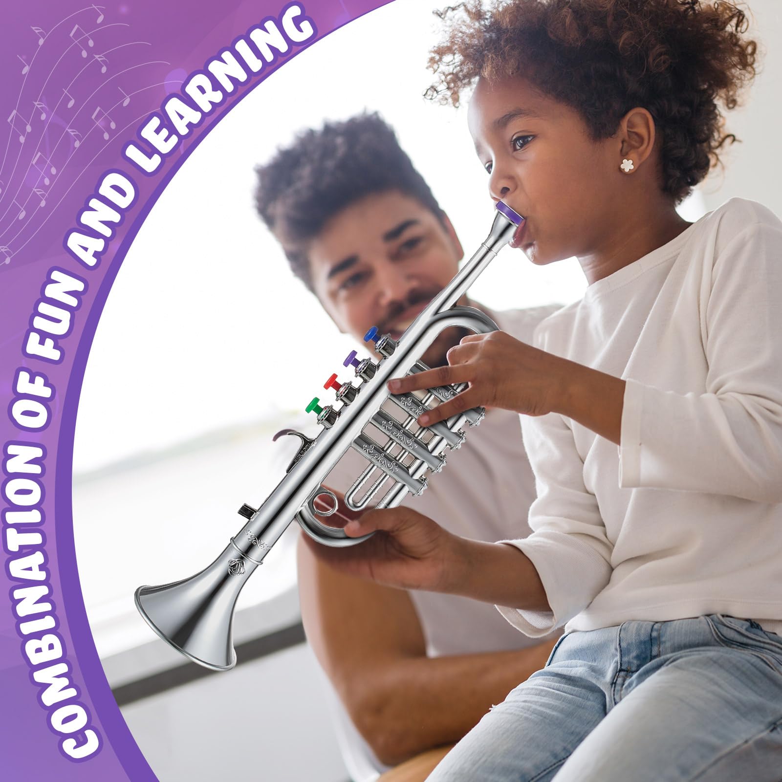Lewtemi Gold Trumpet Musical Instruments Toy for Kid Toddler Fake Plastic Preschool Music Toy Gift Non-Professional Wind Instrument Early Educational Teaching Songs Gifts for Toddlers Children