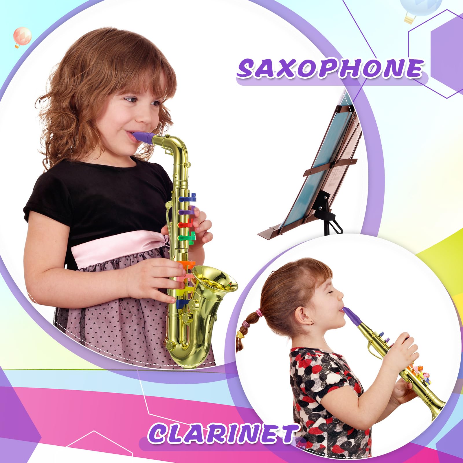 Treela Set of 4 Musical Instruments for Kids, Toy Clarinet Saxophone Trumpet and Horn Set for Beginners with Over 10 Color Coded Keys, Christmas Educational Musical Gifts for Children Toddlers(Gold)
