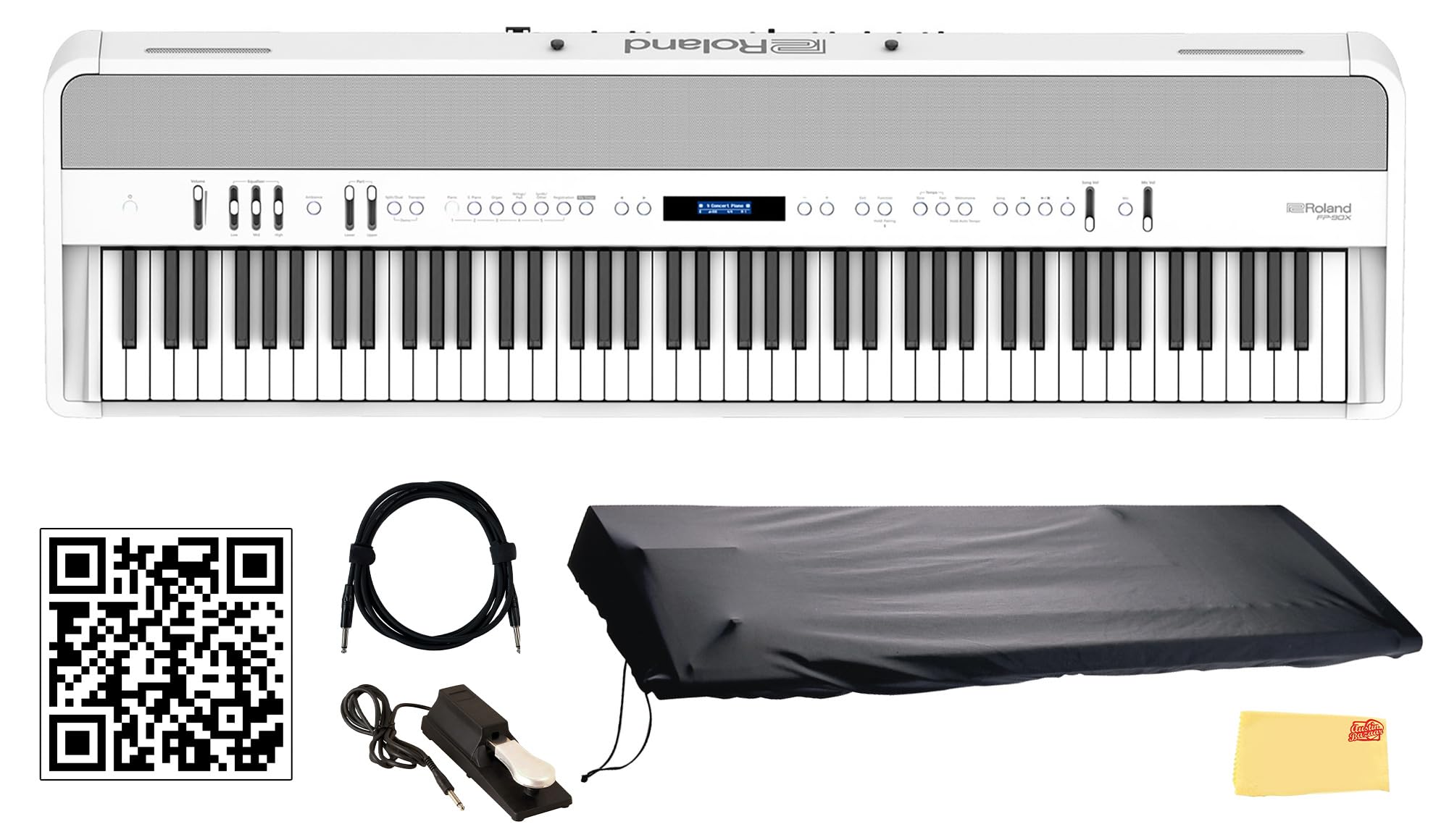 Roland FP-90X 88-Key Digital Piano - White Bundle with KSC-90 Stand, Three Pedal Unit, Bench, Online Lessons, Instructional DVD, and Austin Bazaar Polishing Cloth