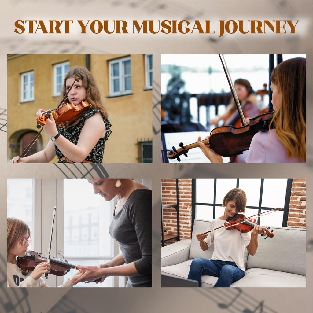 Acoustic Violin 4/4 Full Size, Solid Wood Fiddle for Beginners Adults, Ebony Fitted Satin Antique Finish Violin Starter Kit with Hard Case