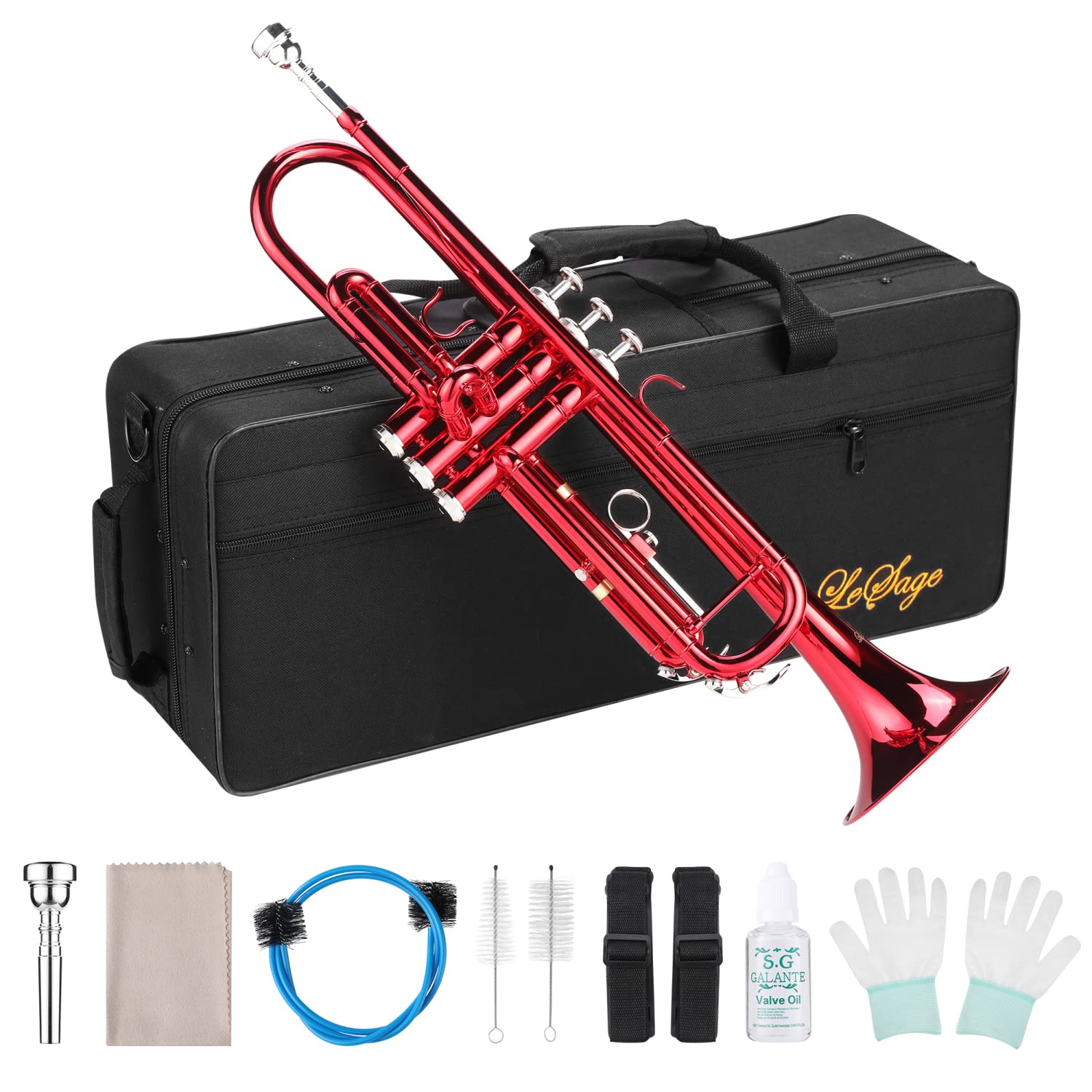 LeSage Bb Standard Trumpet Set for Beginner, Brass Student Trumpet with Carrying Case, Care Kit, Valve Oil, Cloth, 7C Mouthpiece & Gloves Silver