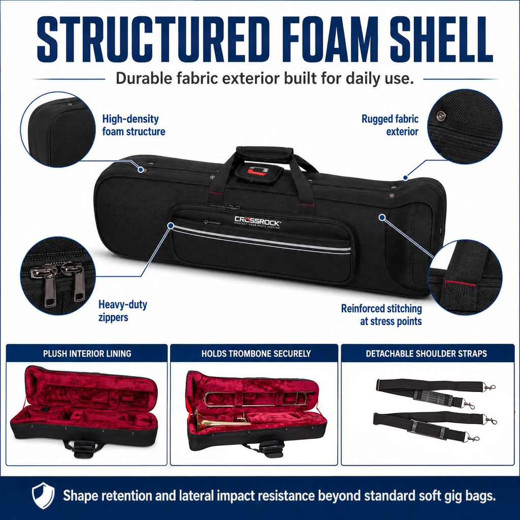 Crossrock Tenor Trombone Flight Case — Fits Bb Tenor with F-Attachment | Shockproof Design, Security Lock, Plush Interior, Single Shoulder Strap & Accessory Compartment (CRA980TBBK)