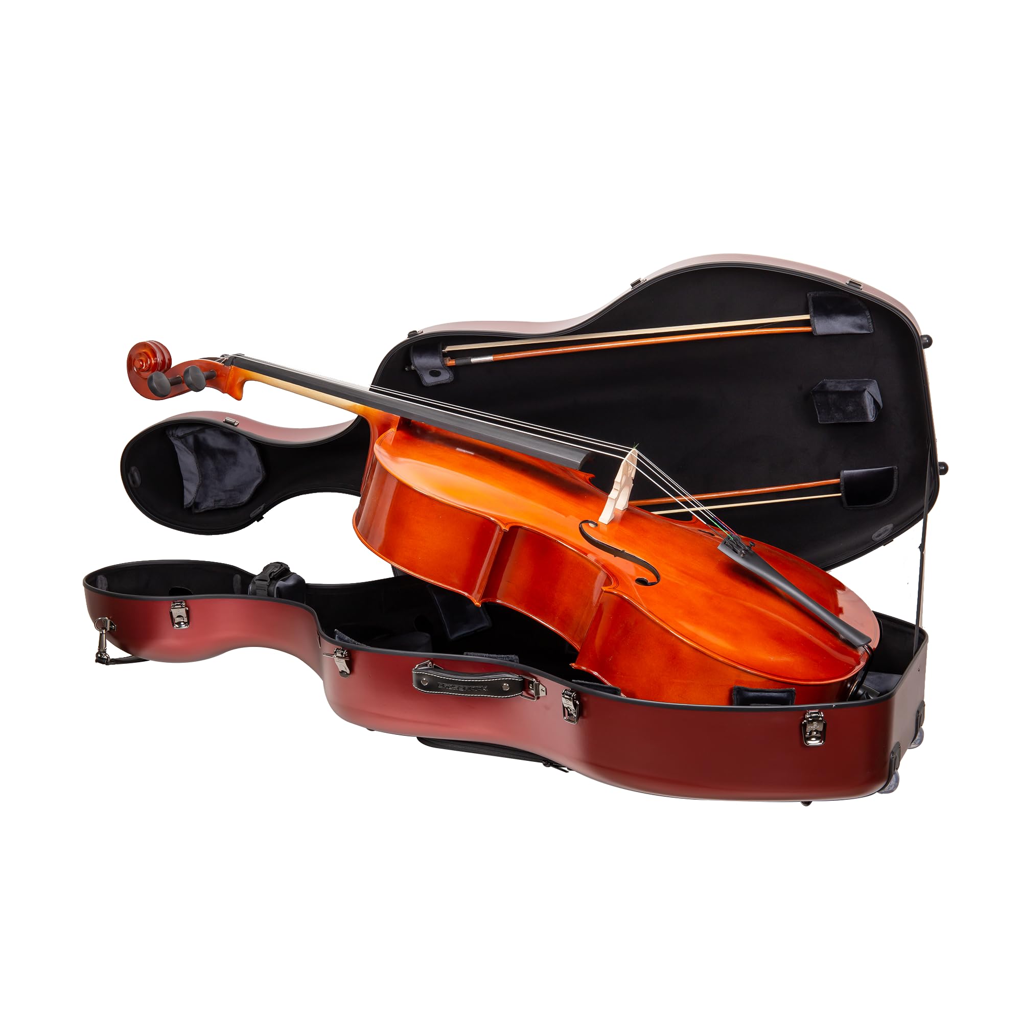 Crossrock Poly Carbon Cello Case for 4/4 Full Size | Red Matte Finish, Black Velvet Interior, Wheels, Music Pouch – Lightweight Protection Series