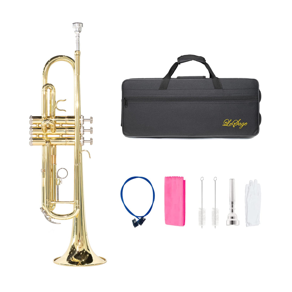 LeSage Bb Standard Trumpet Set for Beginner, Brass Student Trumpet with Carrying Case, Care Kit, Valve Oil, Cloth, 7C Mouthpiece & Gloves Silver
