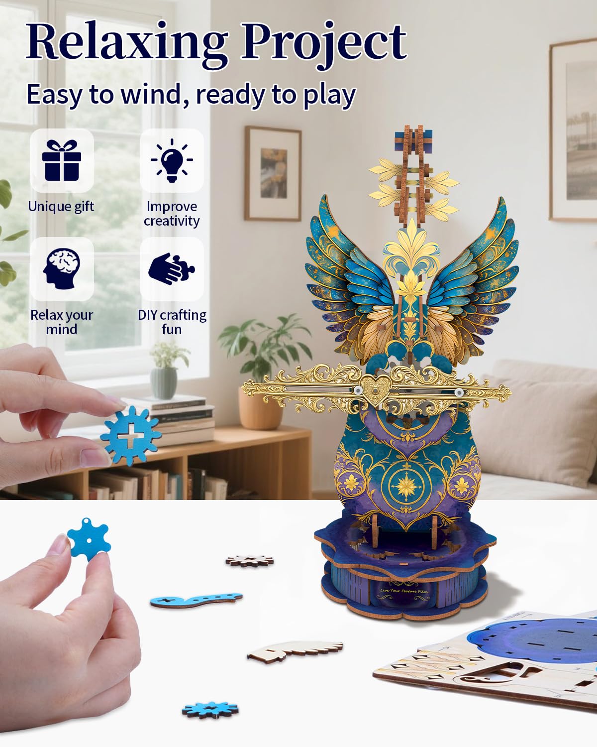3D Puzzles for Adults, Mechanical Wooden Cello Music Box Puzzles, DIY Flower Music Box Cello Crafts Model Kits Home Decor for Women Holiday Weddings