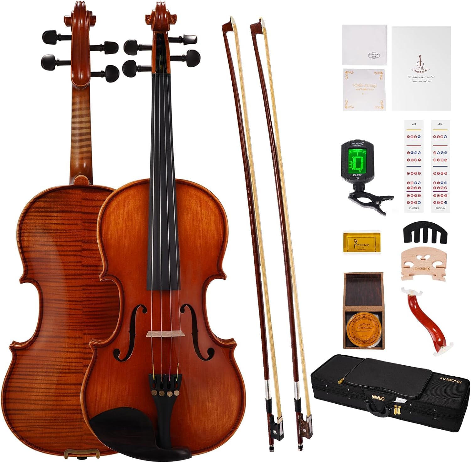PHOENIX Violin 4/4 Full Size Kit, Violin Fiddle Set for Beginner Adults with Rosewood Bow Extra Strings & Bridge (Entry-level, Full)