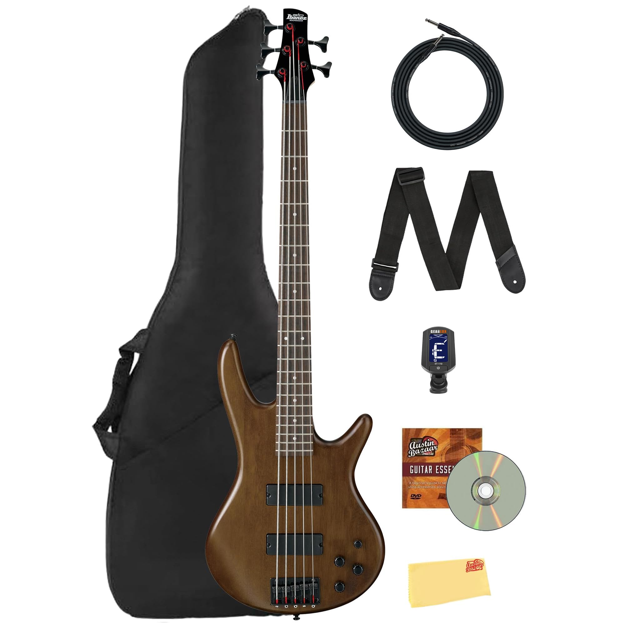 Ibanez GSR205B SR Gio 5-String Bass Guitar - Walnut Flat Bundle with Gig Bag, Tuner, Strap, Cable, Austin Bazaar Instructional DVD, and Polishing Cloth