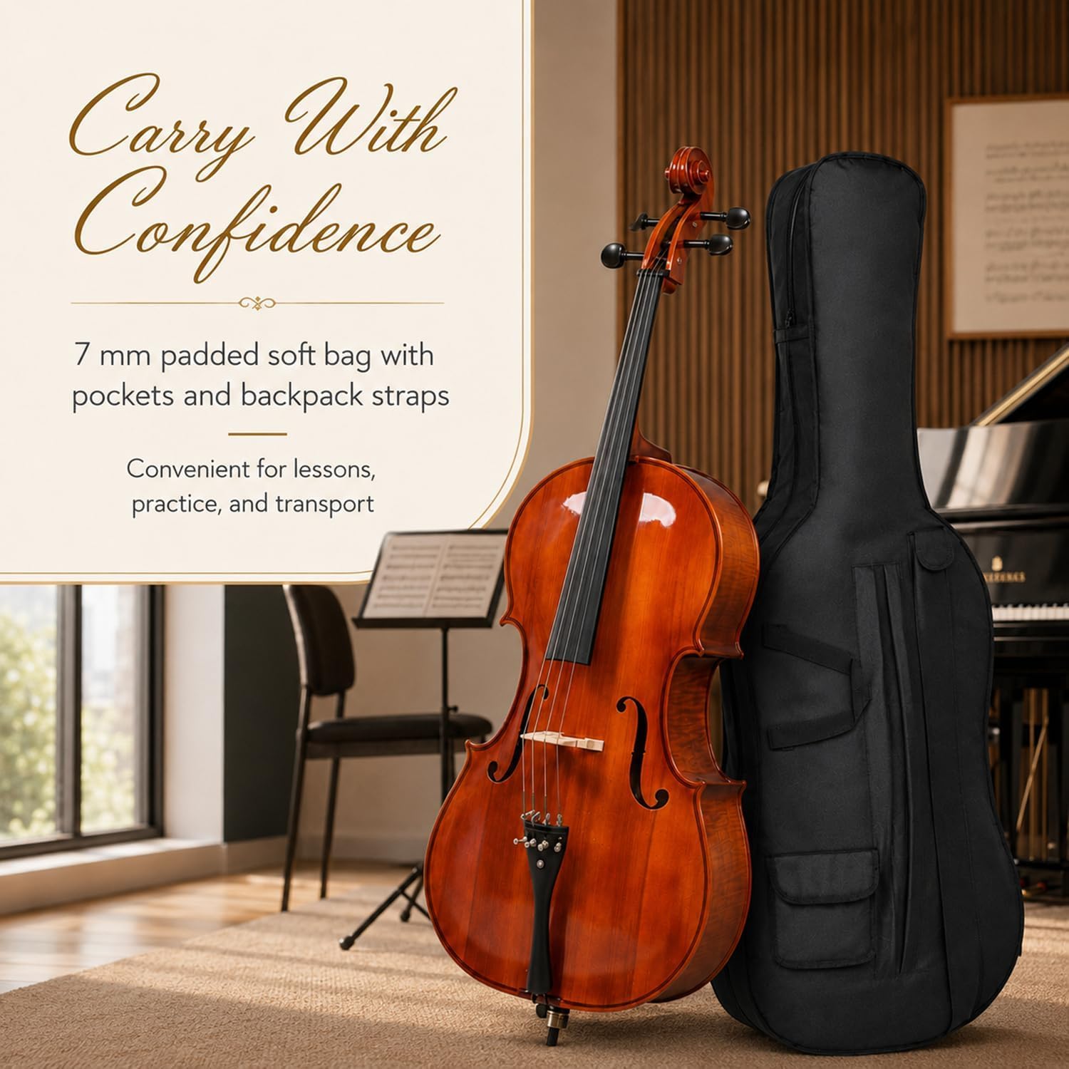 Cello 4/4 Full Size, Beginner Cello Instrument for Adults, Acoustic Cello Set with Padded Bag, Extra Strings, Bridge, Bow & Rosin – for Lessons, Home Practice & School Orchestra, Matte Natural