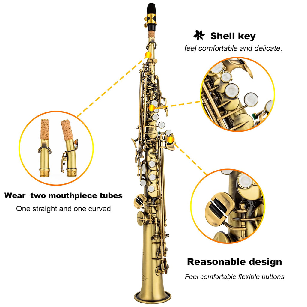 Bb Soprano Saxophone Straight Gold Laquer Sax Instruments for Beginners Students Intermediate Players with Carrying Case,White Gloves.Cleaning kit.neck Strap.Mouthpiece (Gold body nickel bond)