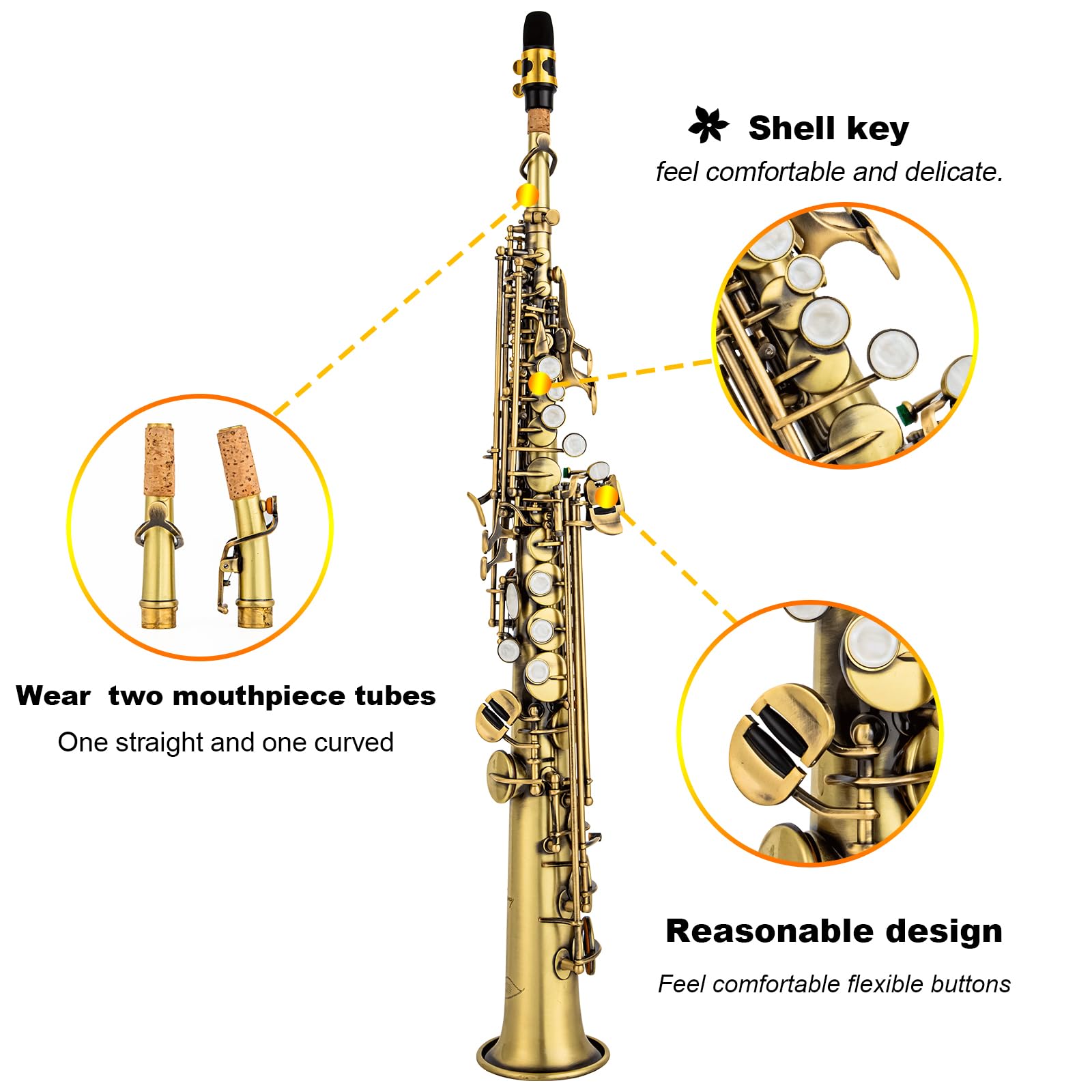 Bb Soprano Saxophone Straight Gold Laquer Sax Instruments for Beginners Students Intermediate Players with Carrying Case,White Gloves.Cleaning kit.neck Strap.Mouthpiece (Gold body nickel bond)
