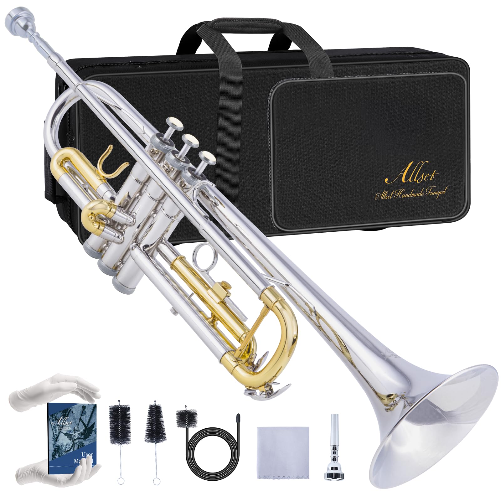 ALLSET Bb Standard Trumpet for Beginners | Student Band, Orchestra, Pro Level Performance | Professional Brass Trumpet Kit with Hard Case, 7C Mouthpiece& Cleaning Kit | Gold