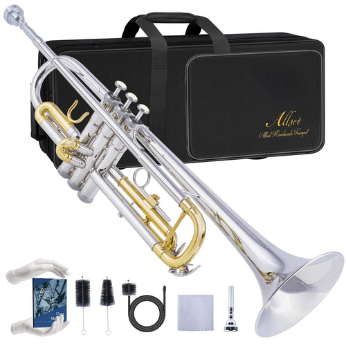 ALLSET Bb Standard Trumpet for Beginners | Student Band, Orchestra, Pro Level Performance | Professional Brass Trumpet Kit with Hard Case, 7C Mouthpiece& Cleaning Kit | Gold