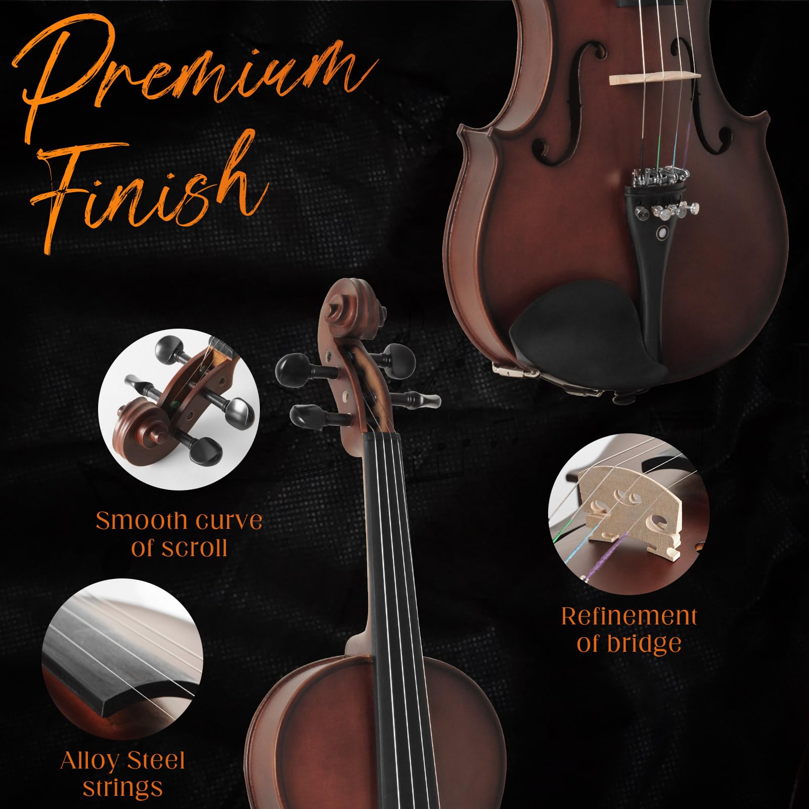 Acoustic Violin 4/4 Full Size, Solid Wood Fiddle for Beginners Adults, Ebony Fitted Satin Antique Finish Violin Starter Kit with Hard Case