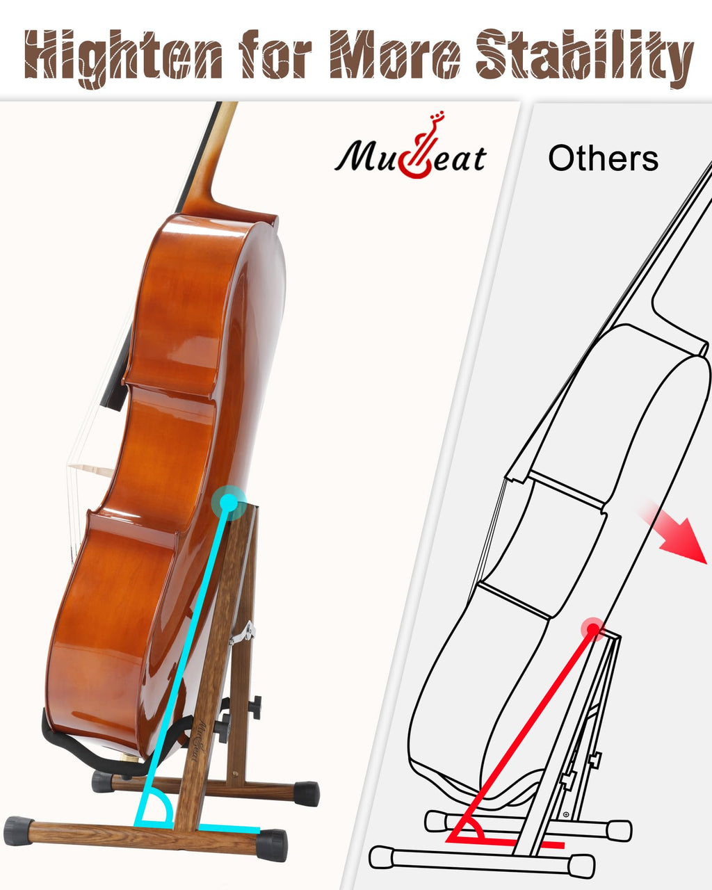 Cello Stand with Bow Holder, Mahogany Wooden A-Shape Floor Stand with Padded Foam, Handcrafted Cello Rack Fits 1/2, 3/4, 7/8, 4/4 Full-Size and Guitar, Instrument Holder for Home and Studio Display