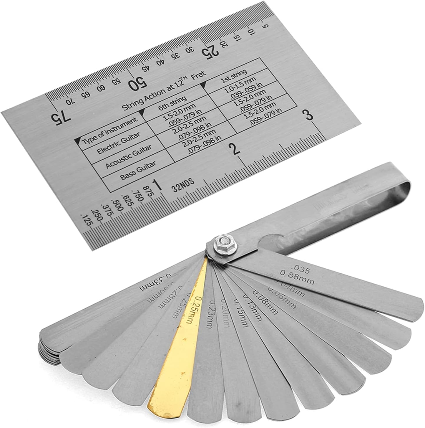 Jiawu Guitar String Action Gauge Ruler 32 Piece Feeler Gauges Set Fingerboard Fret Protector Guards Stainless Steel Measuring Tool