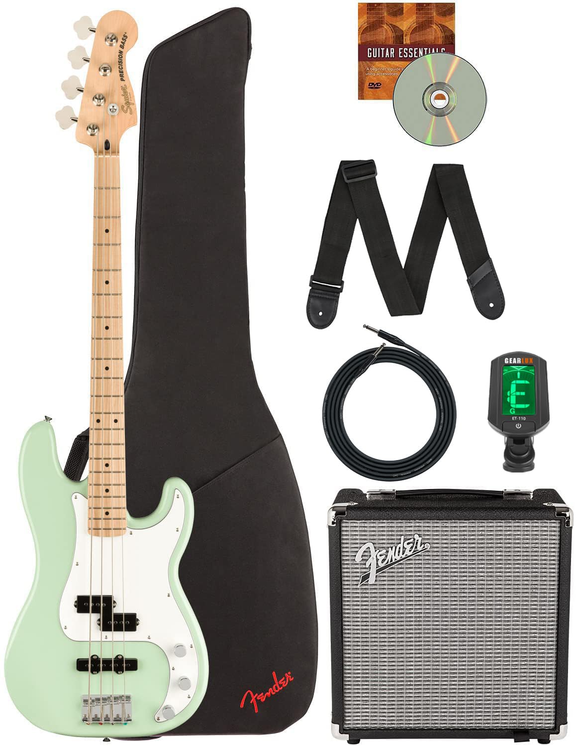 Fender Squier Affinity Precision Bass PJ - Surf Green Bundle with Rumble 15 Amplifier, Instrument Cable, Gig Bag, Tuner, Strap, and Austin Bazaar Instructional DVD