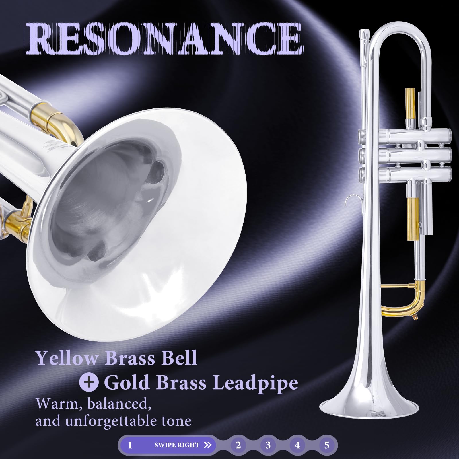 ALLSET Bb Standard Trumpet for Beginners | Student Band, Orchestra, Pro Level Performance | Professional Brass Trumpet Kit with Hard Case, 7C Mouthpiece& Cleaning Kit | Gold