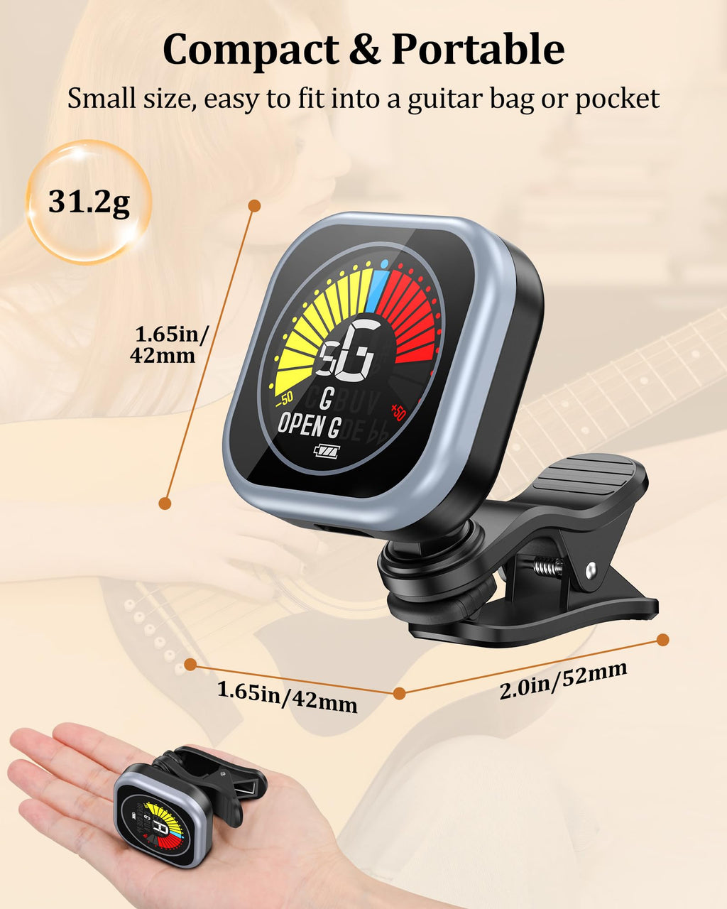 New Bee Guitar Tuner Clip-On Rechargeable with Color Screen 360° Rotatable Acoustic Chromatic Open Tuning for Guitar, Bass, Ukulele, Violin, Cello(Black, 1 Pack)