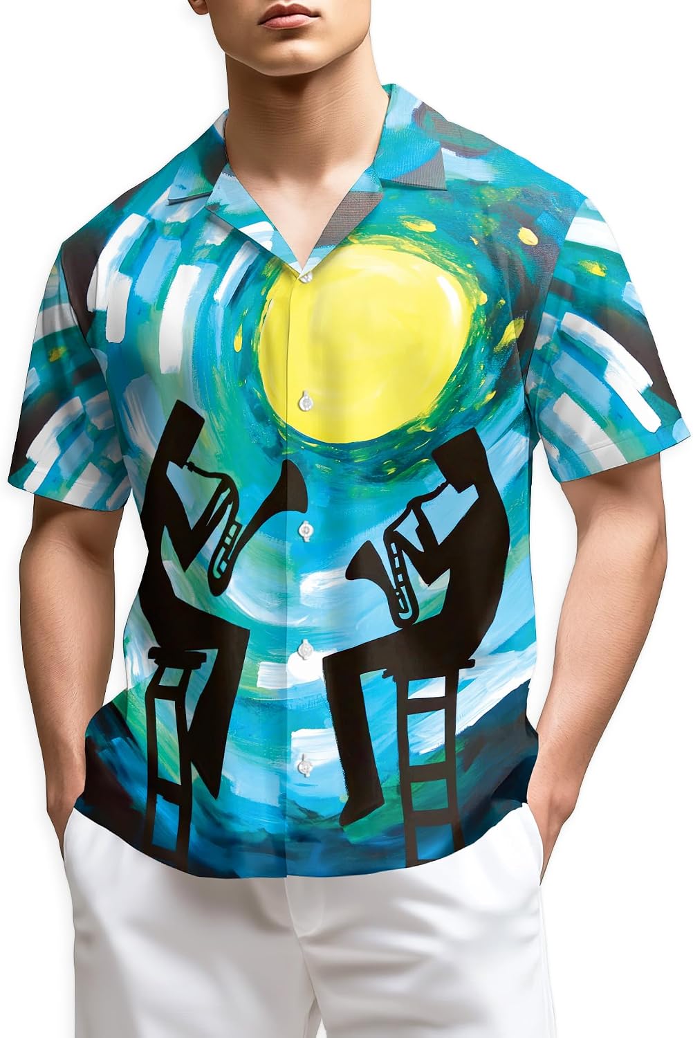 Trombone Pattern Hawaiian Shirt for Men, Summer Vacation Button Down Shirt, Aloha Beach Short Sleeve Shirt, S-5XL