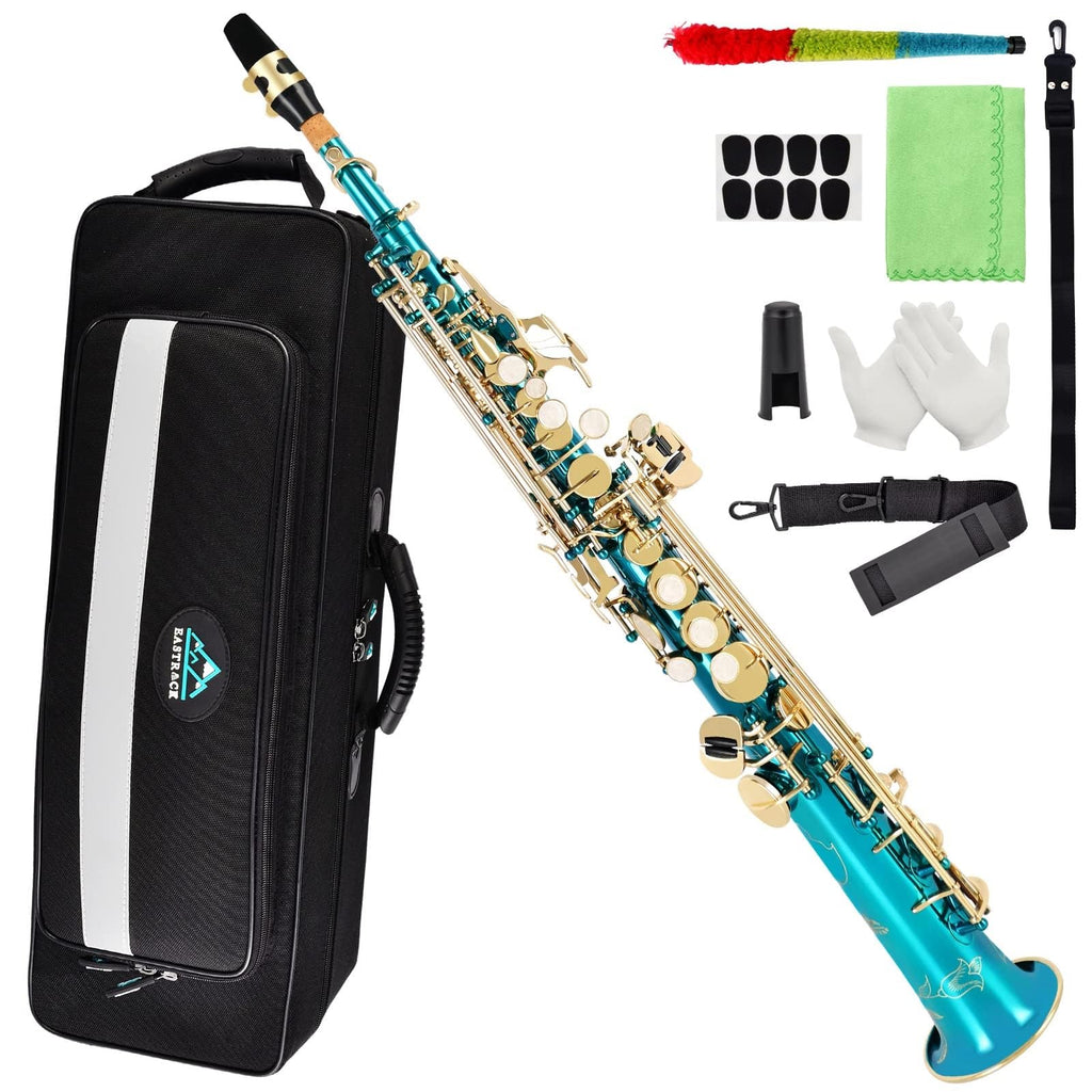 EASTROCK Soprano Saxophone Curved Bb Flat Black Sax Instruments for Beginners Intermediate Players with Carrying Case,Mouthpiece,Pads,Reed,Cleaning kit,neck Strap,White Gloves