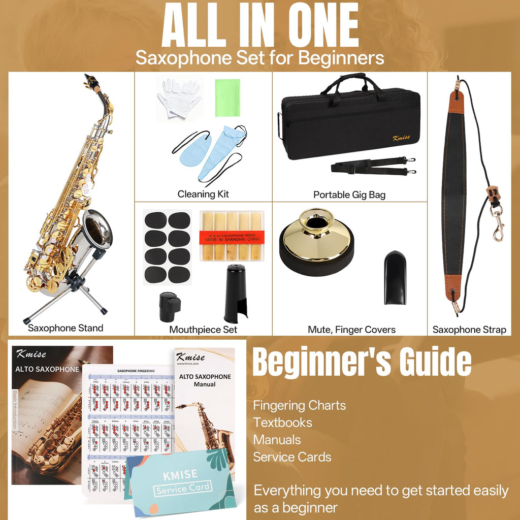 Kmise E Flat Alto Saxophone, Lightweight Saxophones for Students Beginner, Saxofon Full Kit with Portable Case, Sax Stand, Strap, Reeds, Beginner's Guides, Mute, Cleaning Kit (Gold Lacquer)