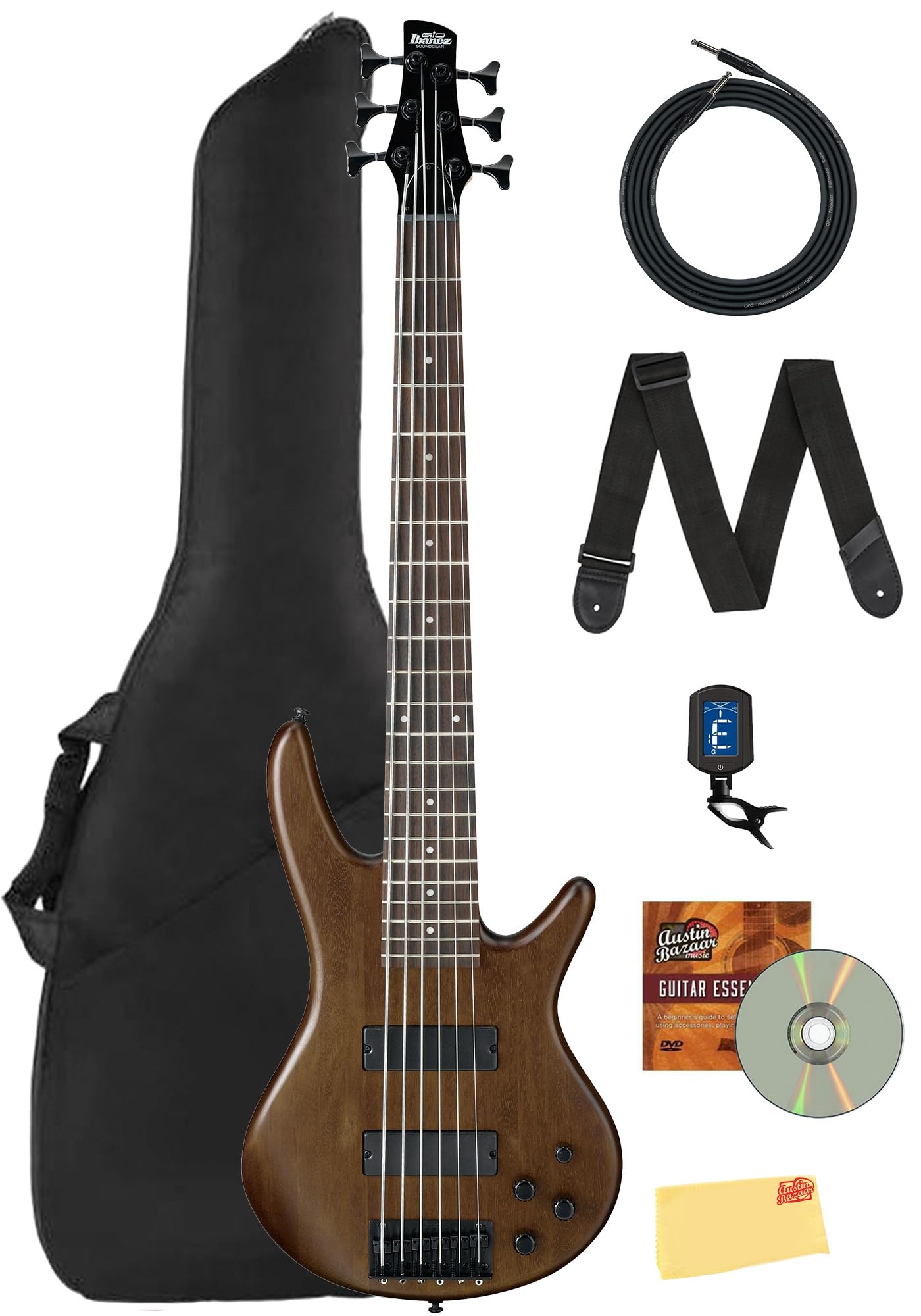 Ibanez GSR205B SR Gio 5-String Bass Guitar - Walnut Flat Bundle with Gig Bag, Tuner, Strap, Cable, Austin Bazaar Instructional DVD, and Polishing Cloth