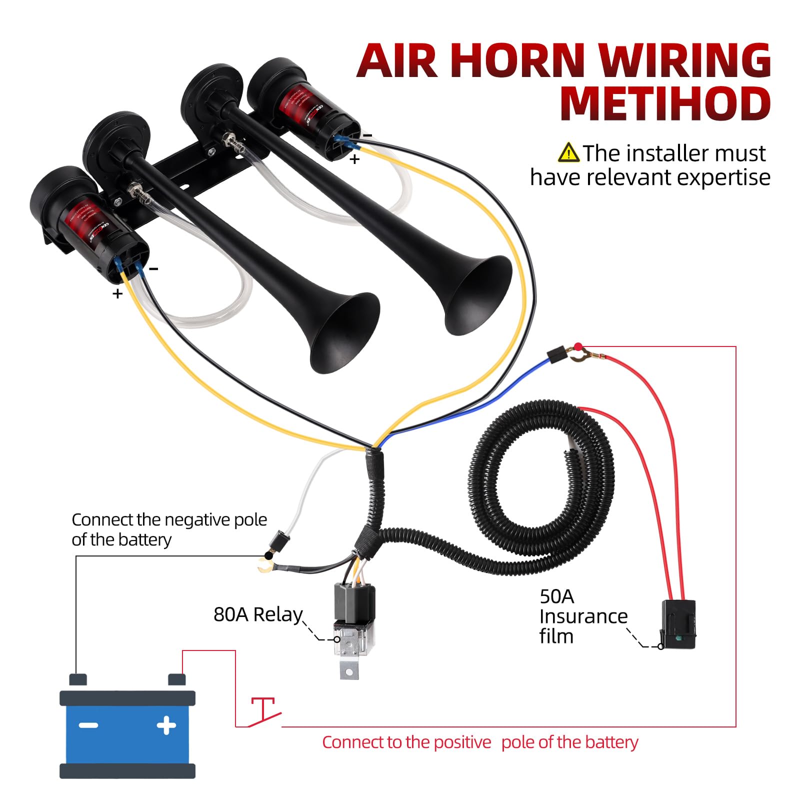 Dual 2-Trumpet Metal Air Horn for truck Kit with 2 air Compressors,12V 150dB Ultra Loud impact train car horn moto horn is suitable for pickup/SUV/Boat (Two-tube integrated)