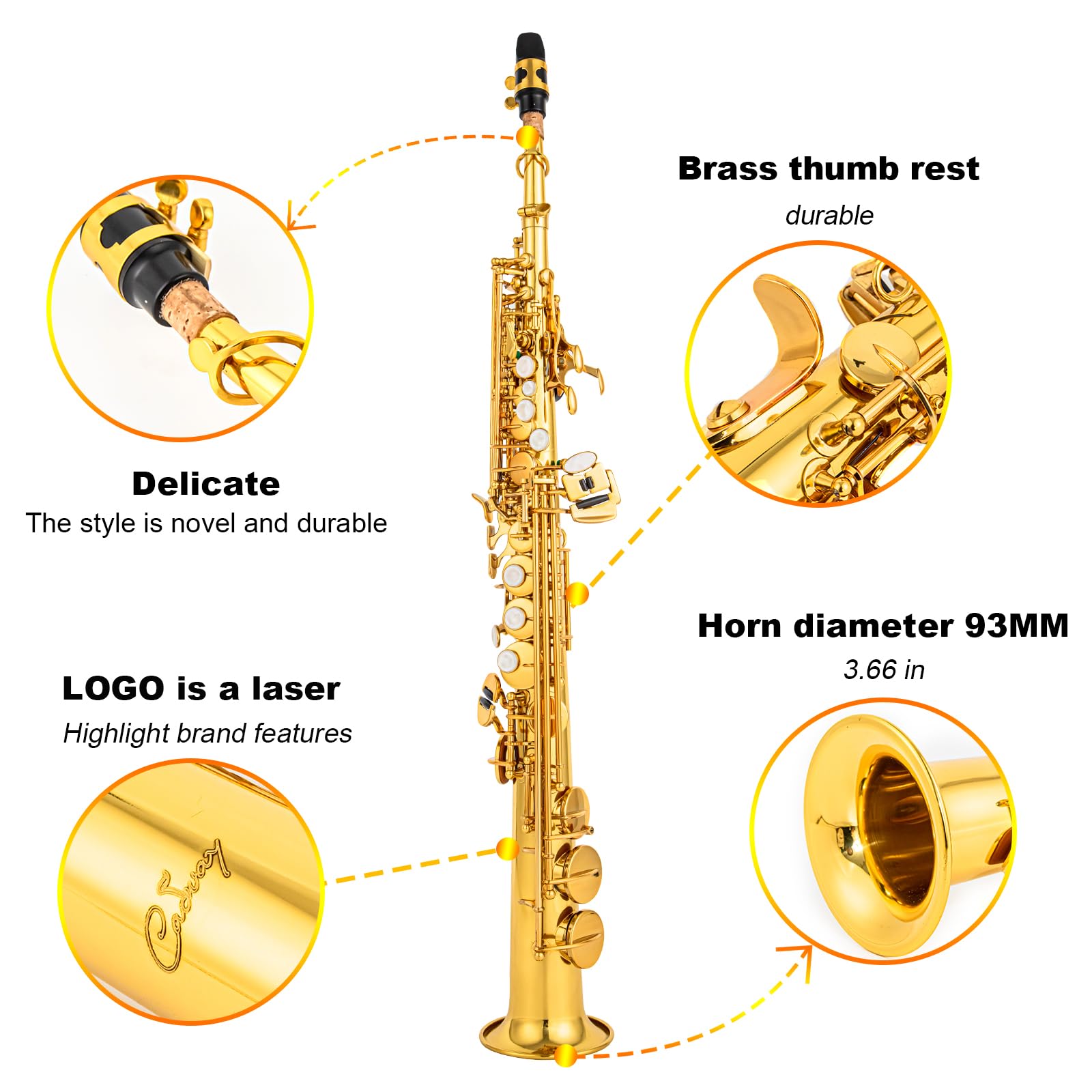 Bb Soprano Saxophone Straight Gold Laquer Sax Instruments for Beginners Students Intermediate Players with Carrying Case,White Gloves.Cleaning kit.neck Strap.Mouthpiece (Gold body nickel bond)
