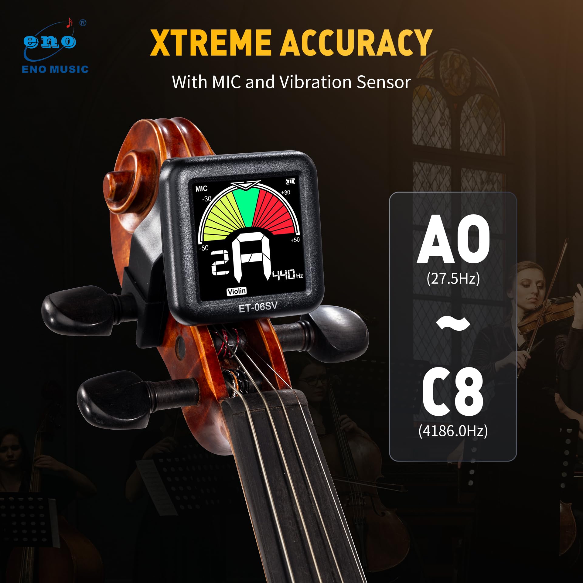 ENO MUSIC Rechargeable Type-C Quick Charge Easy Control Big LCD Display Easy Reading Clip-on Tuner for 4/4 Violin Viola Bass, Red