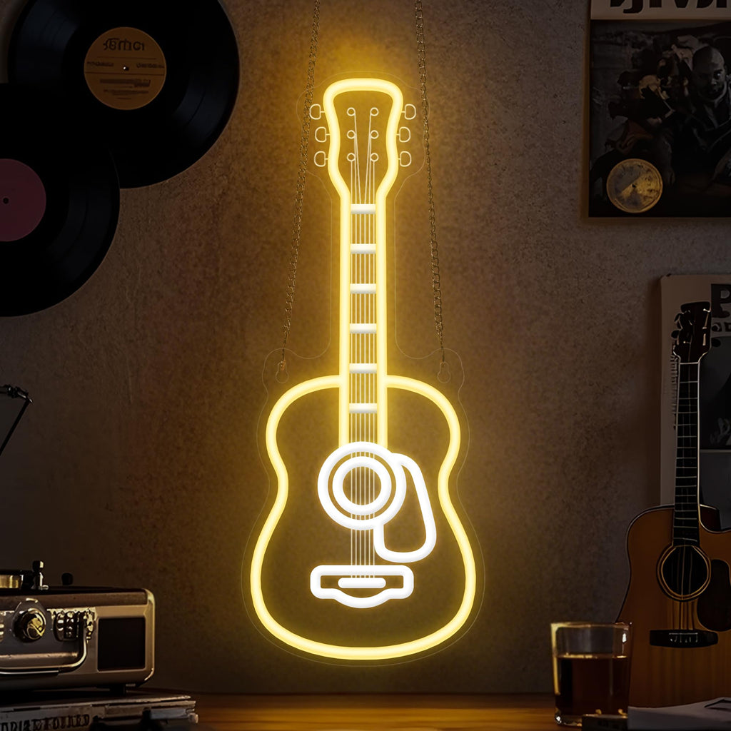 CoolGift Mart Acoustic Guitar Neon Light, Dimmable LED Guitar Neon Wall Sign USB Powered, Decorations for Bedroom Living Room Man Cave Music Studio, Gift for Guitar Players Guitarists Music Lovers