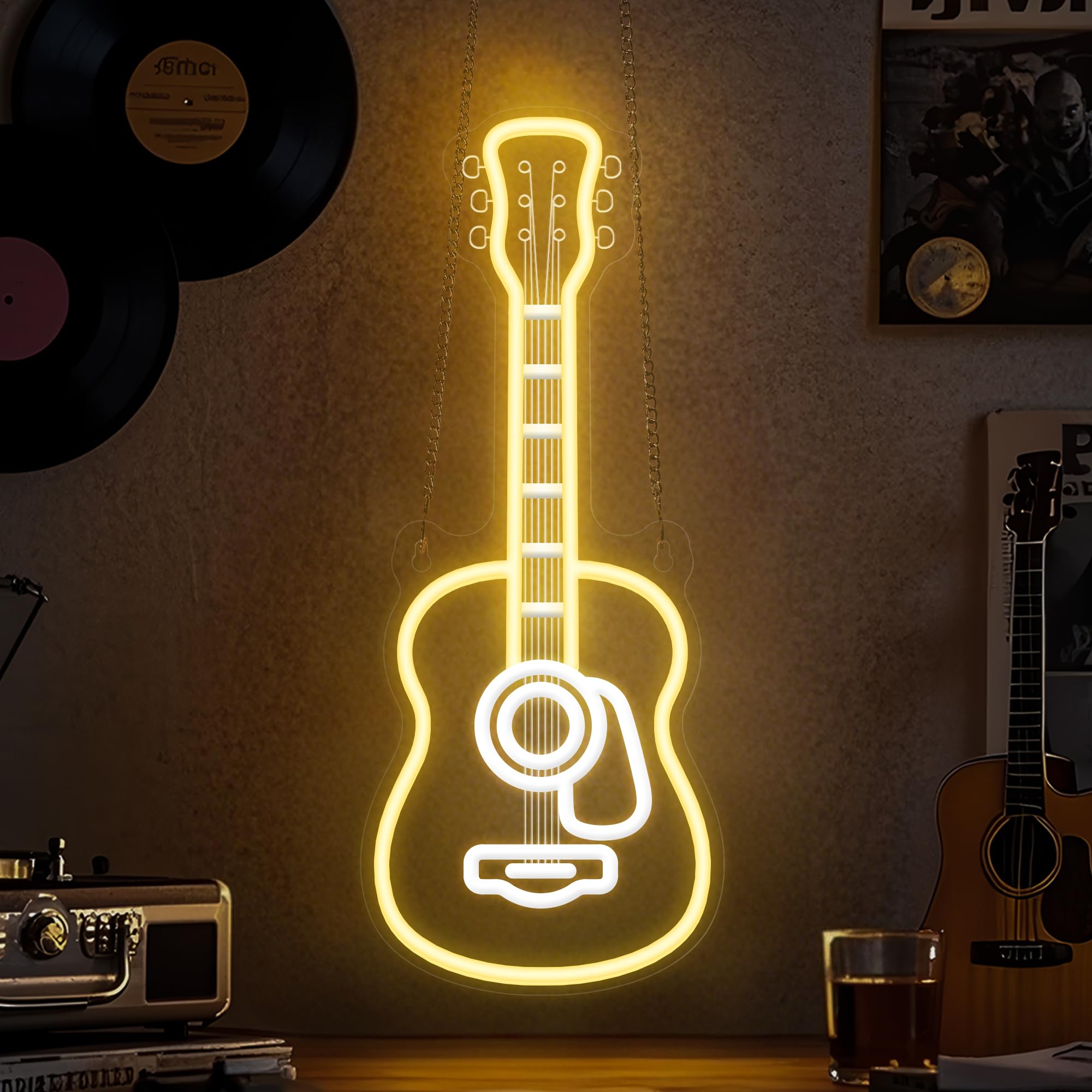 CoolGift Mart Acoustic Guitar Neon Light, Dimmable LED Guitar Neon Wall Sign USB Powered, Decorations for Bedroom Living Room Man Cave Music Studio, Gift for Guitar Players Guitarists Music Lovers